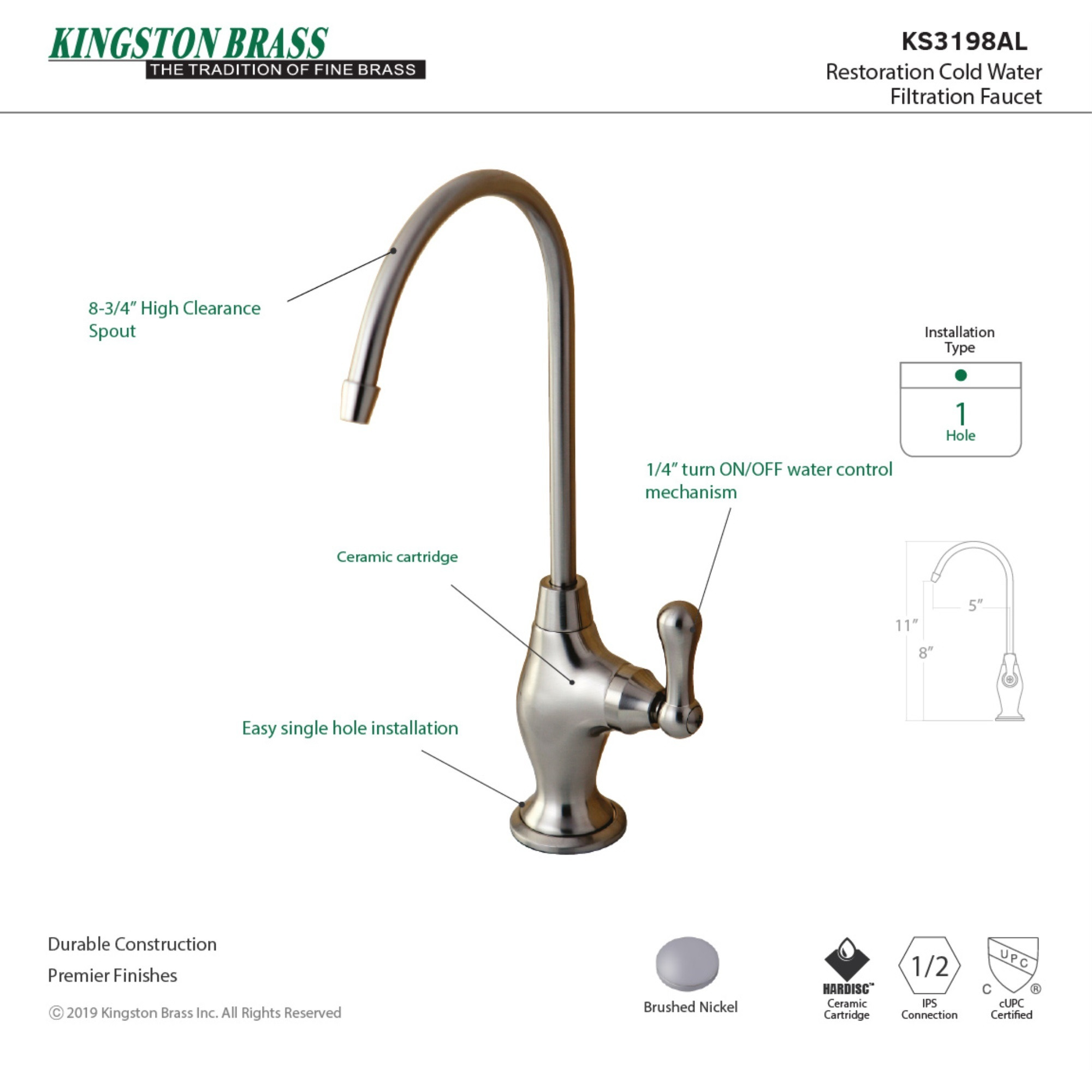 Kingston Brass KS3198AL Restoration Single Handle Water Filtration Faucet, Brushed Nickel