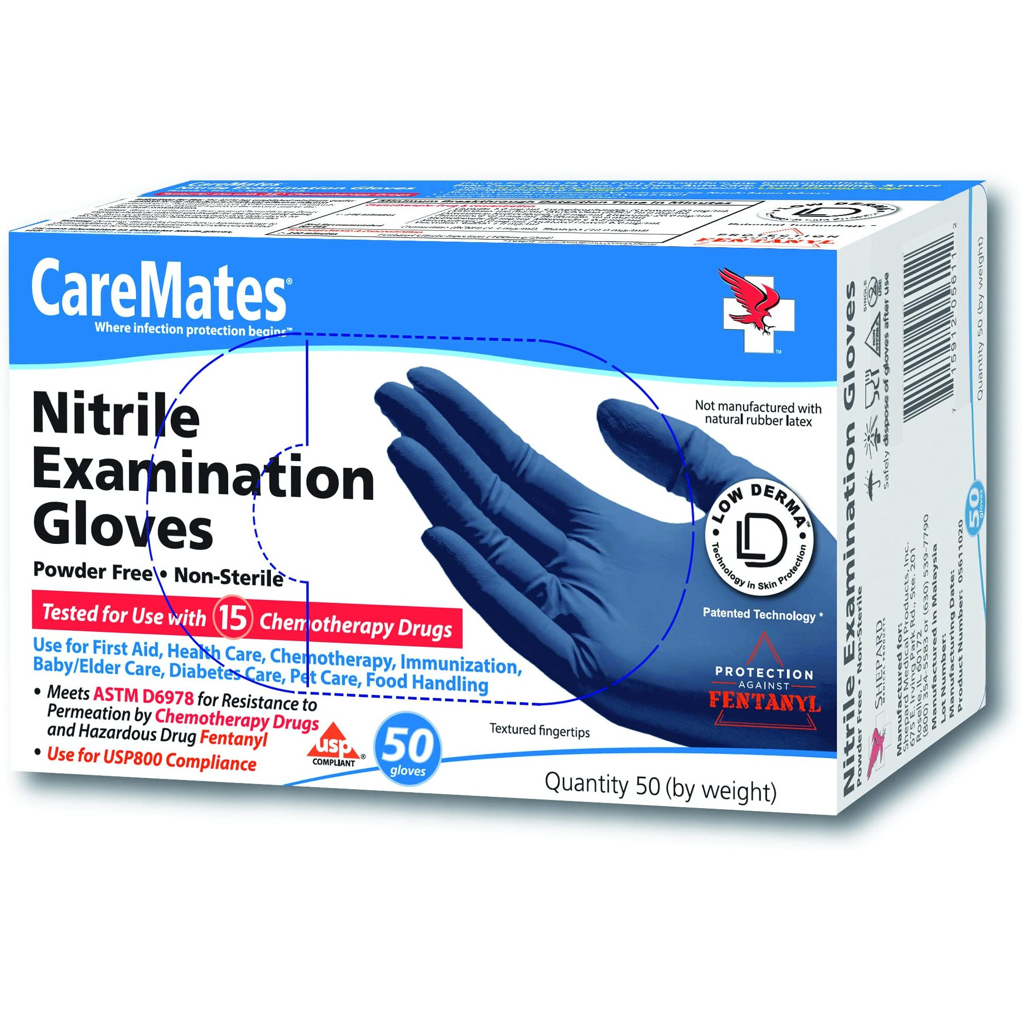 CareMates Nitrile Medical Exam Gloves, Latex Free Rubber, Powder Free, Extra Strong, 4 Mil Thick, Certified for Home Infusion, First Aid, Food Safe, Cleaning Gloves, Medium, 50-Count