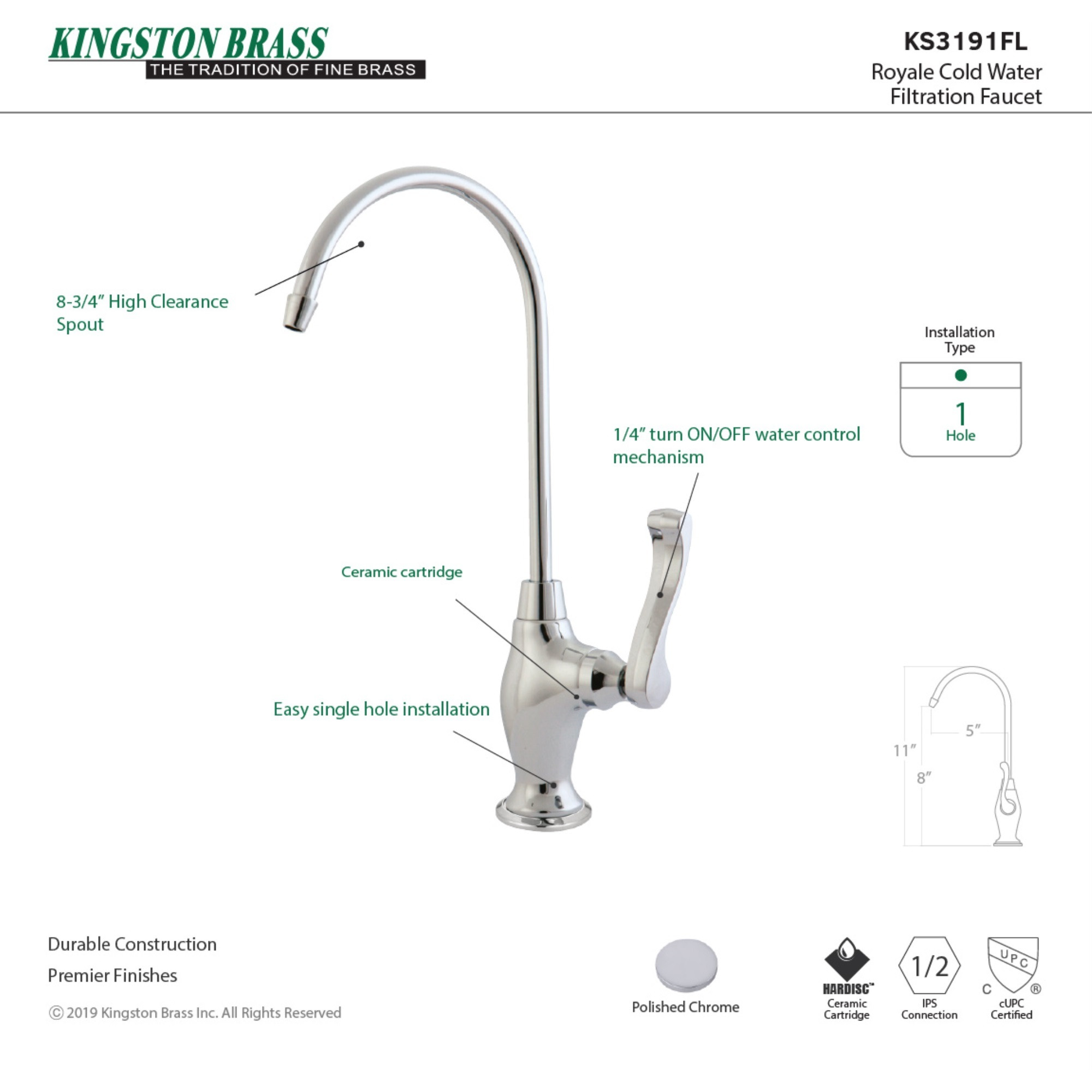 Kingston Brass KS3191FL Royale Single Handle Water Filtration Faucet, Polished Chrome