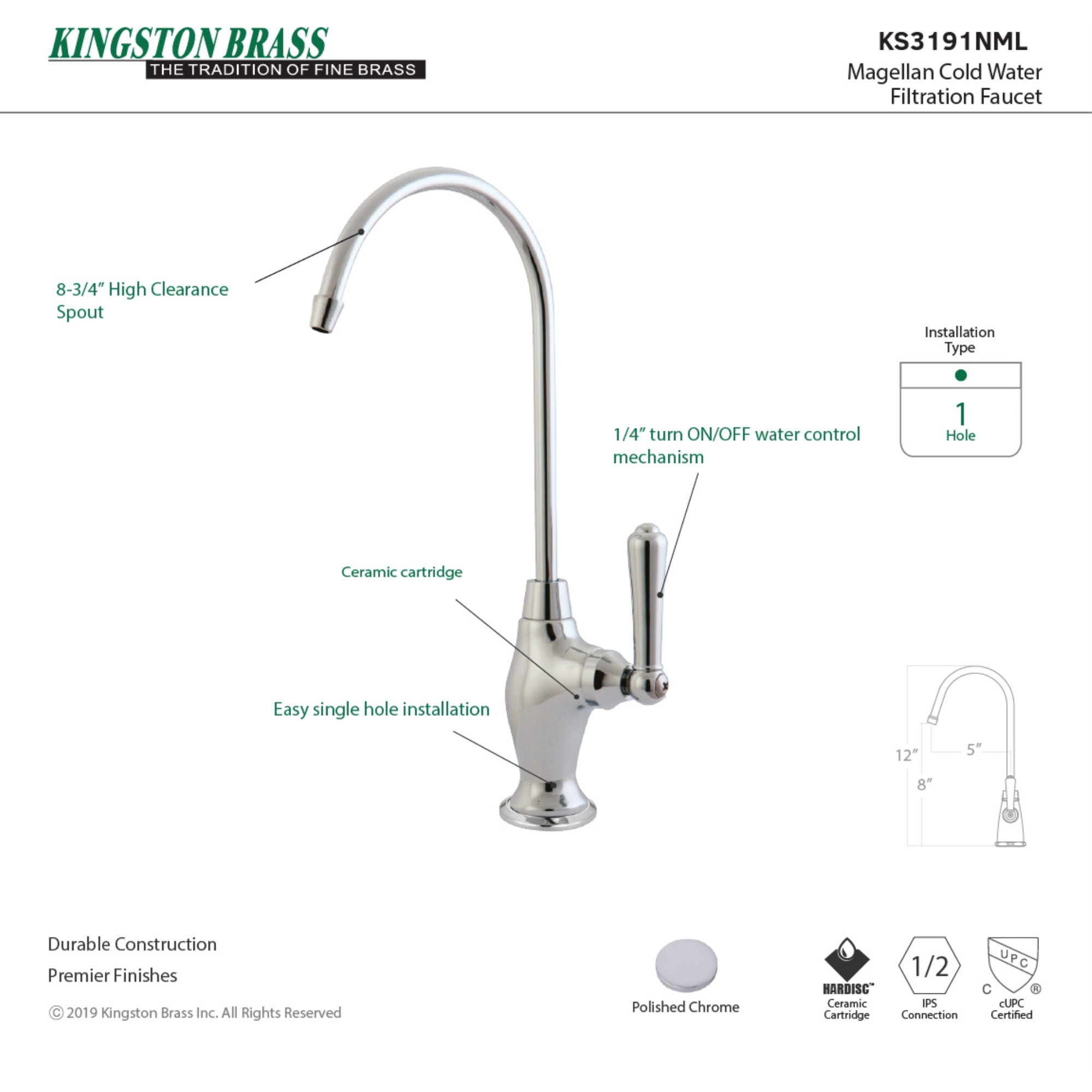 Kingston Brass KS3191NML Magellan Single Handle Water Filtration Faucet, Polished Chrome