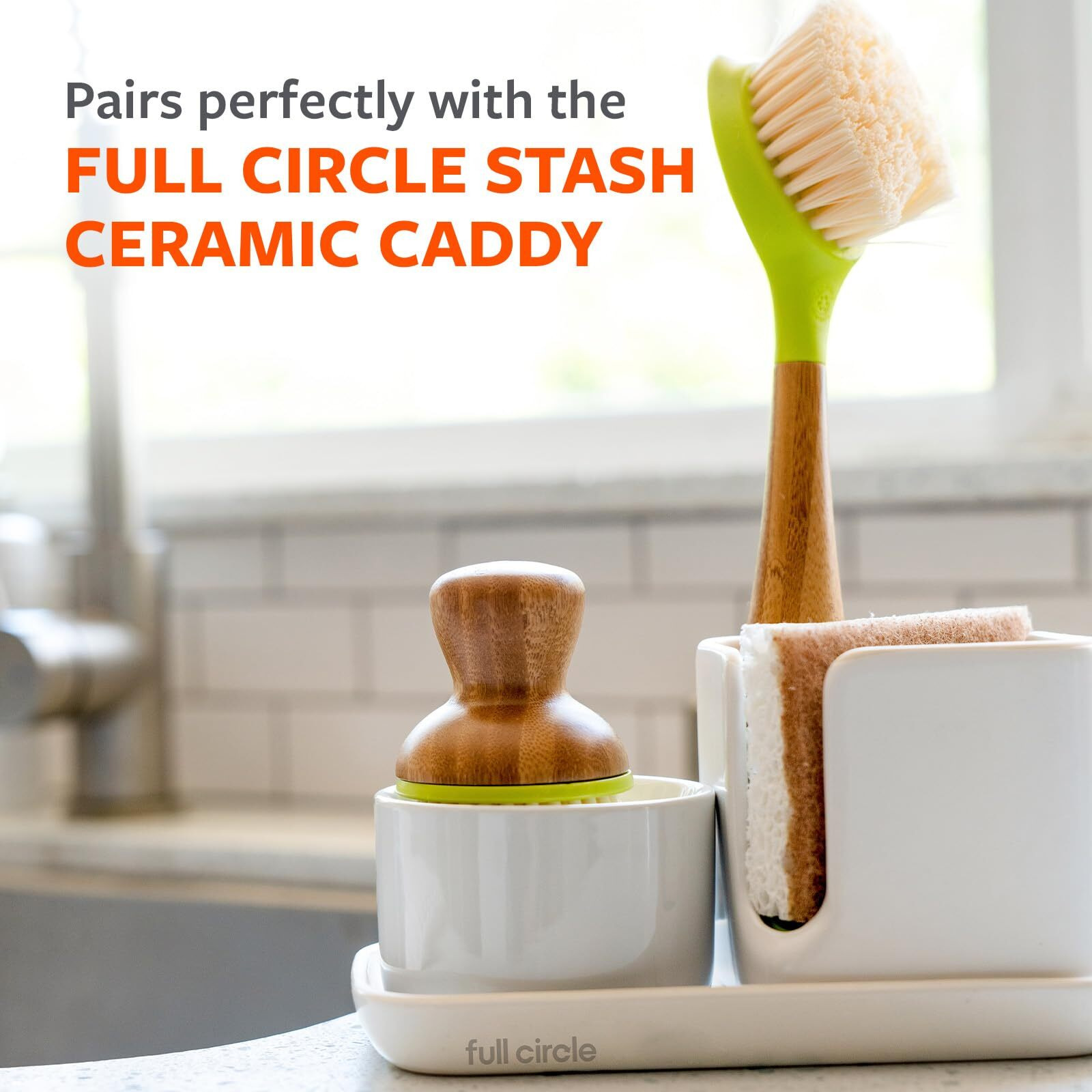 1522622 DSH BRSHW/BASE BUBBLE UP Full Circle Bubble Up 2.36 in. W Bamboo Handle Mini Brush Scrubber with Holder (Pack of 1)