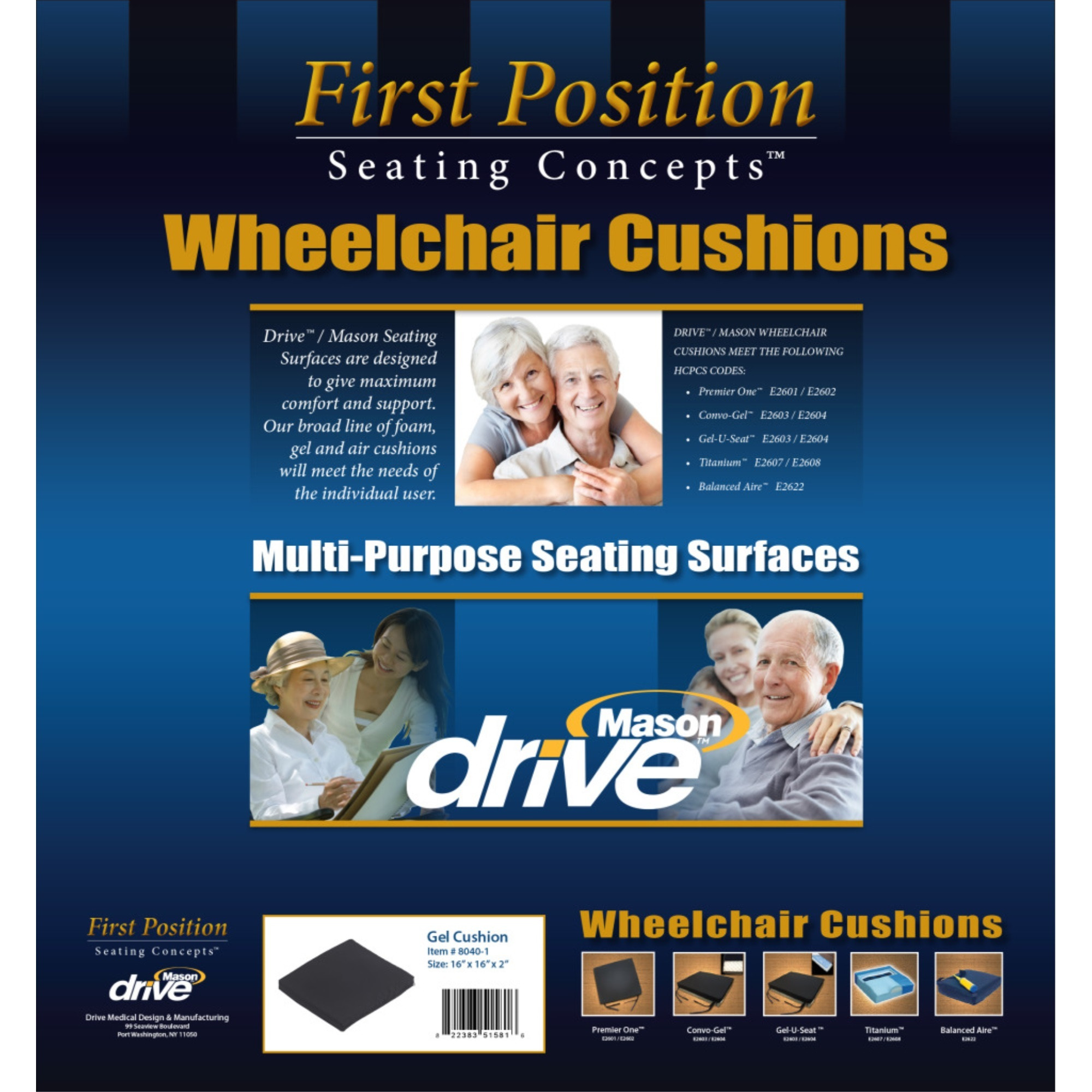 Drive Medical Gel-U-Seat Lite General Use Gel Cushion with Stretch Cover, 16" x 18" x 2"