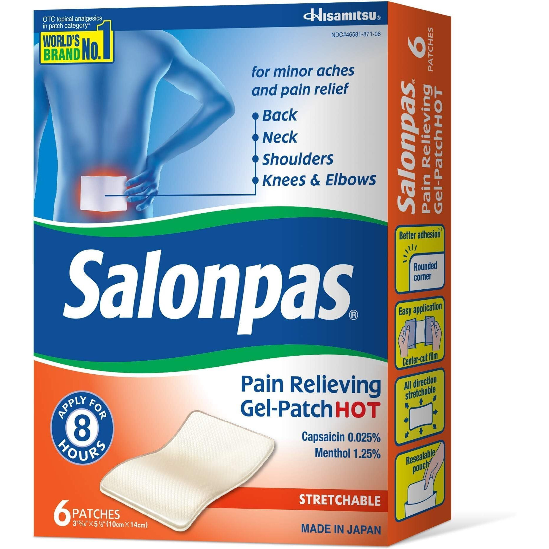 Salonpas Pain Relieving Hot Gel-Patch, Pack of 3 (18 patches total)