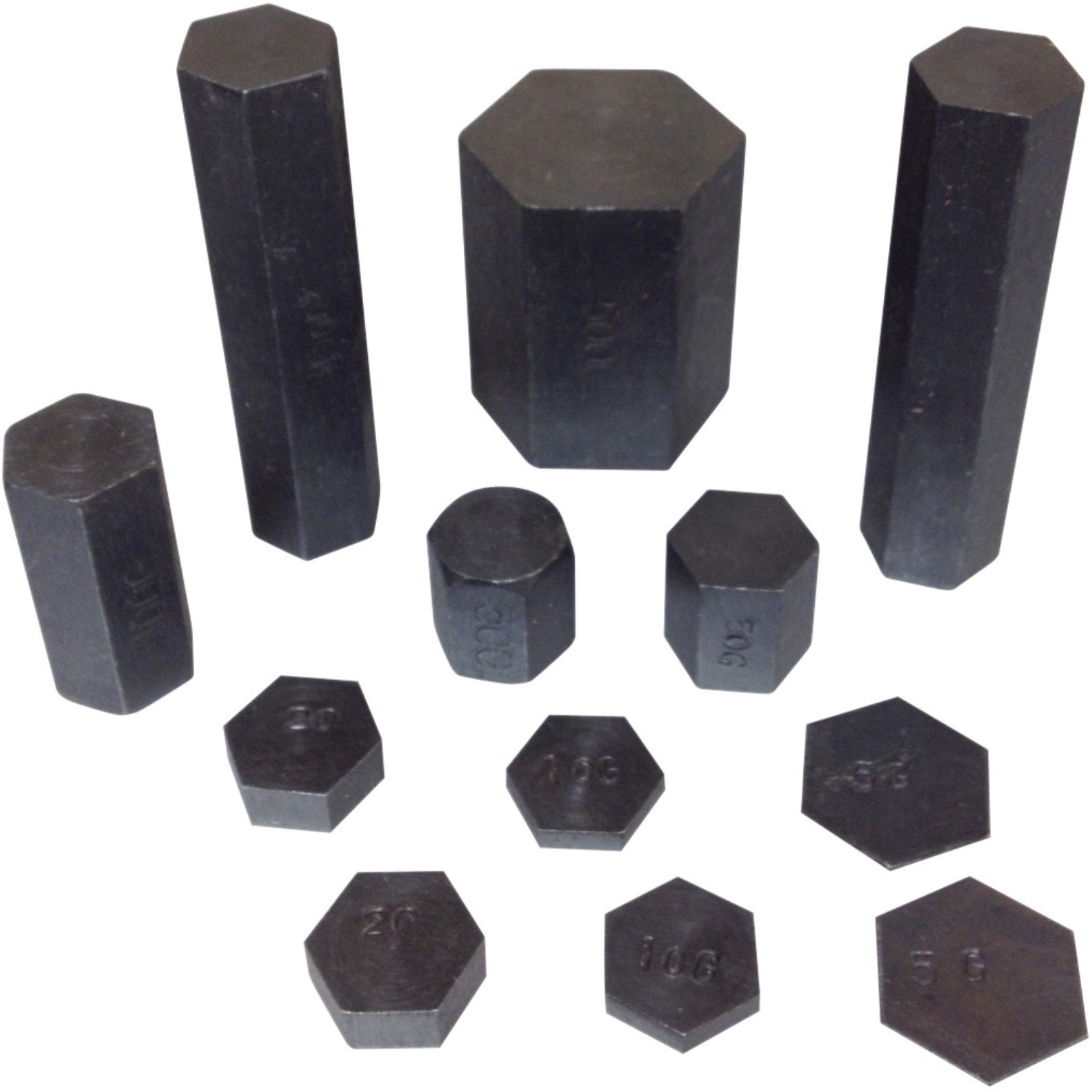 Frey Scientific Hexagonal Metric Masses, 5 to 500 Grams, Steel, Black, Set of 12