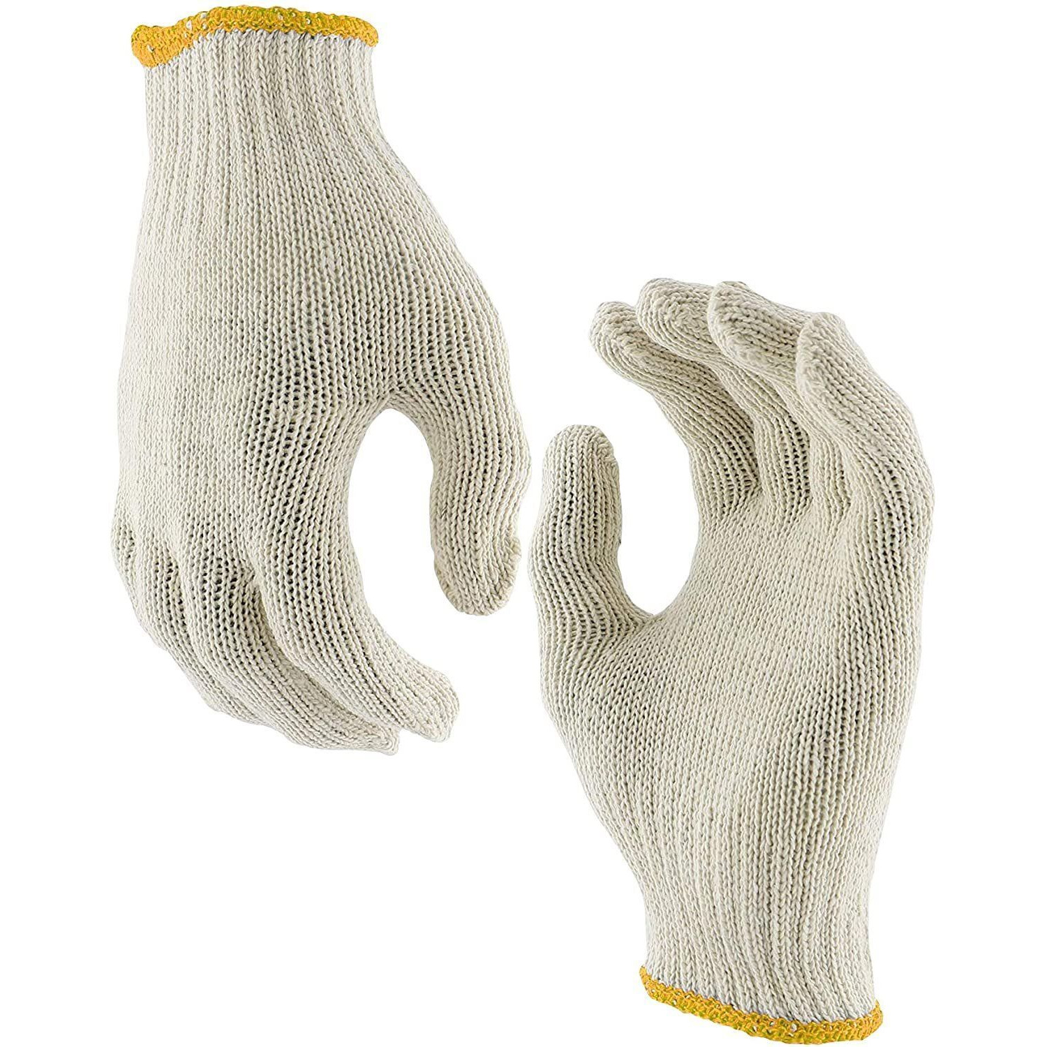 cotton String Knit gloves Pack of 12 Pairs 10 Inch Size Safety Work gloves Beige color with Yellow Edge Line cotton Work gloves for cooking Barbecue Painter Mechanic Work Industrial Warehouse(D0102H93gYW)