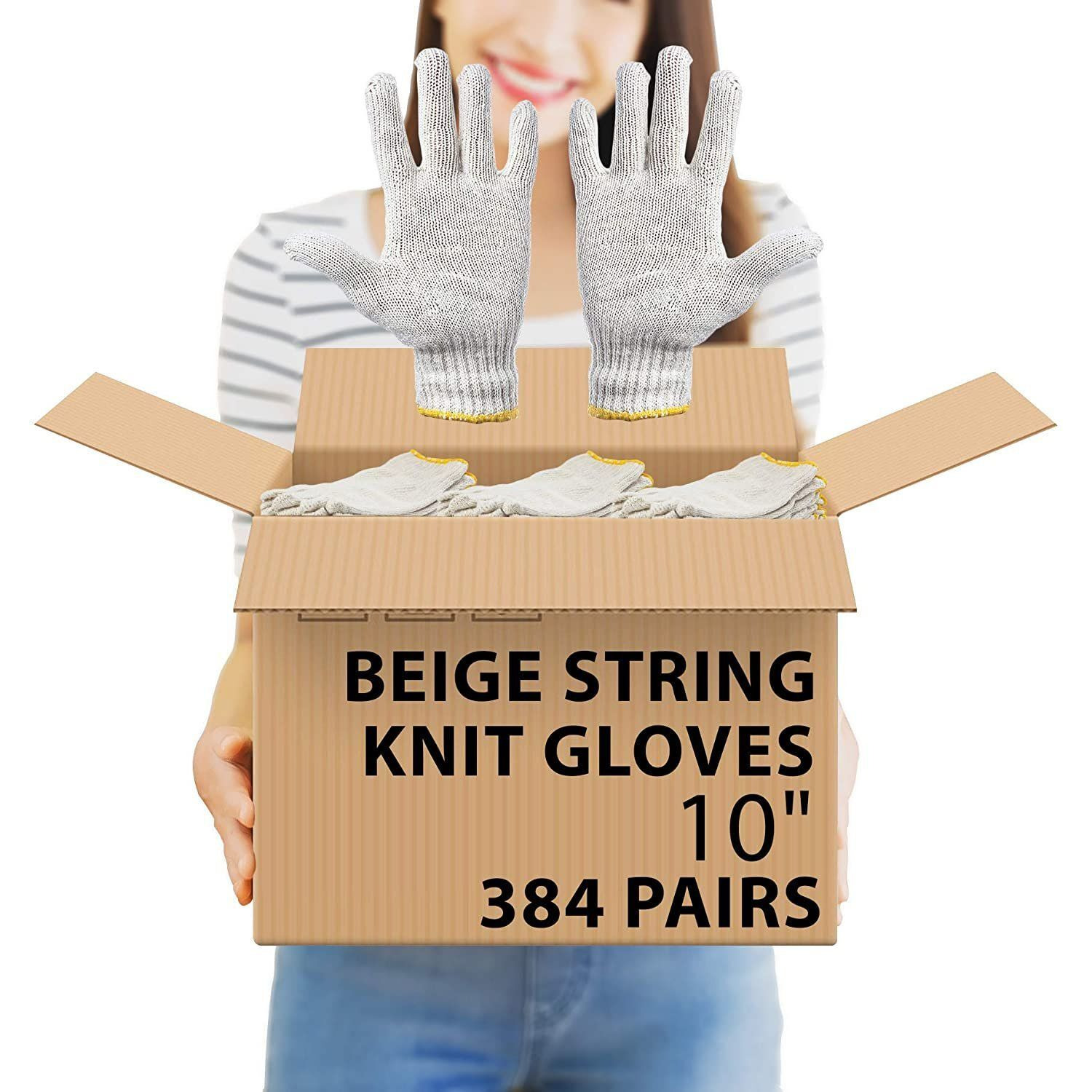 cotton String Knit gloves Pack of 12 Pairs 10 Inch Size Safety Work gloves Beige color with Yellow Edge Line cotton Work gloves for cooking Barbecue Painter Mechanic Work Industrial Warehouse(D0102H93gYW)