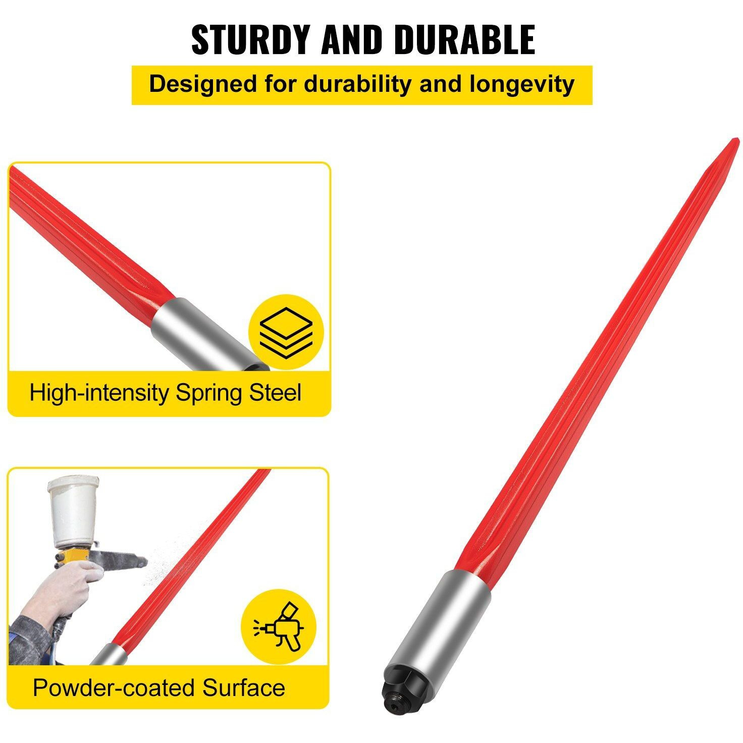 VEVOR Hay Spear 32" Bale Spear 1350 lbs Capacity, Bale Spike Quick Attach Square Hay Bale Spears 1.4" Wide, Red Coated Bale Forks, Bale Hay Spike with Hex Nut & Sleeve for Buckets Tractors Loaders