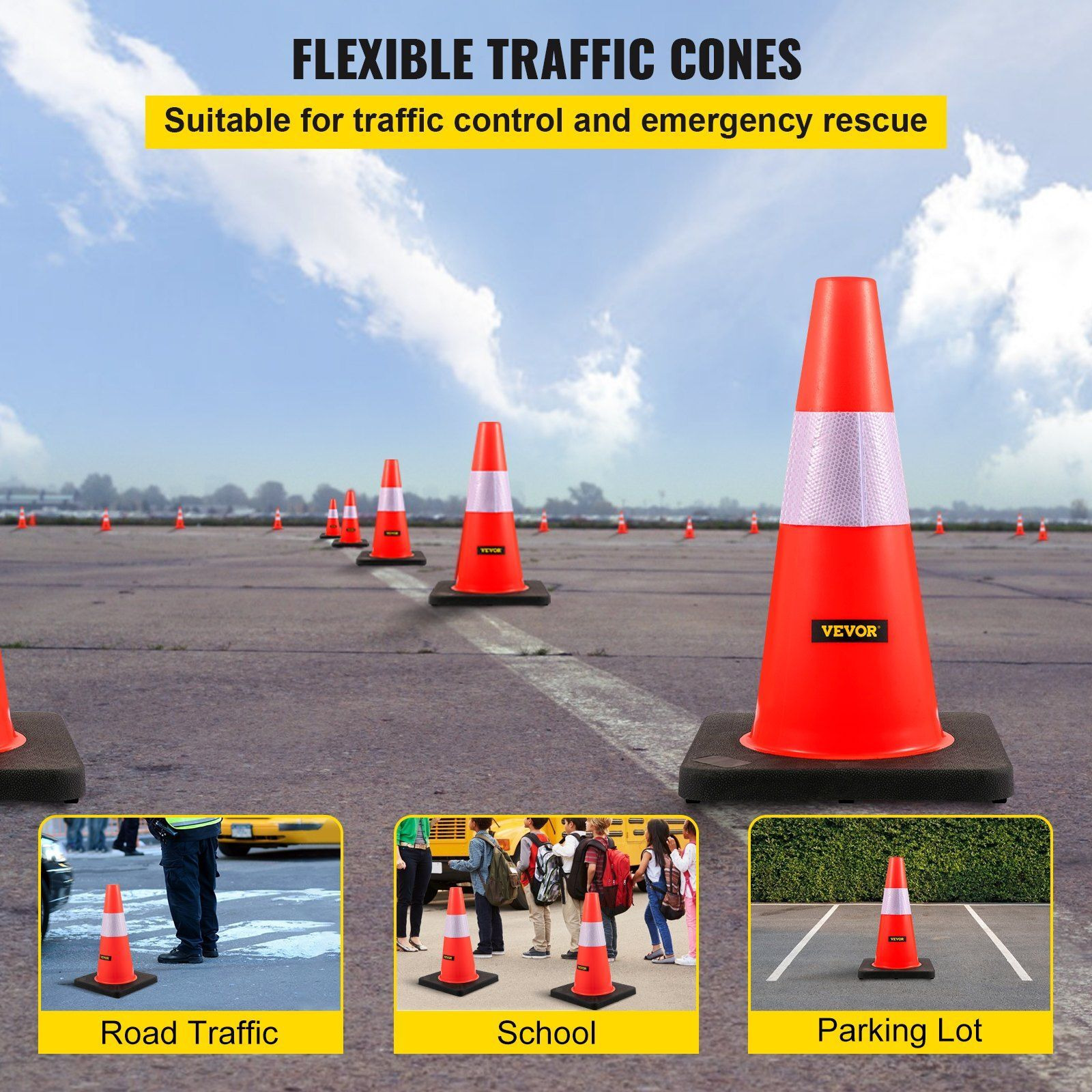 VEVOR Safety Cones, 18 in/45 cm Height, 5 PCS PVC Orange Traffic Cone with Reflective Collar and Black Weighted Base, Used for Traffic Control, Driveway Road Parking and School Improvement