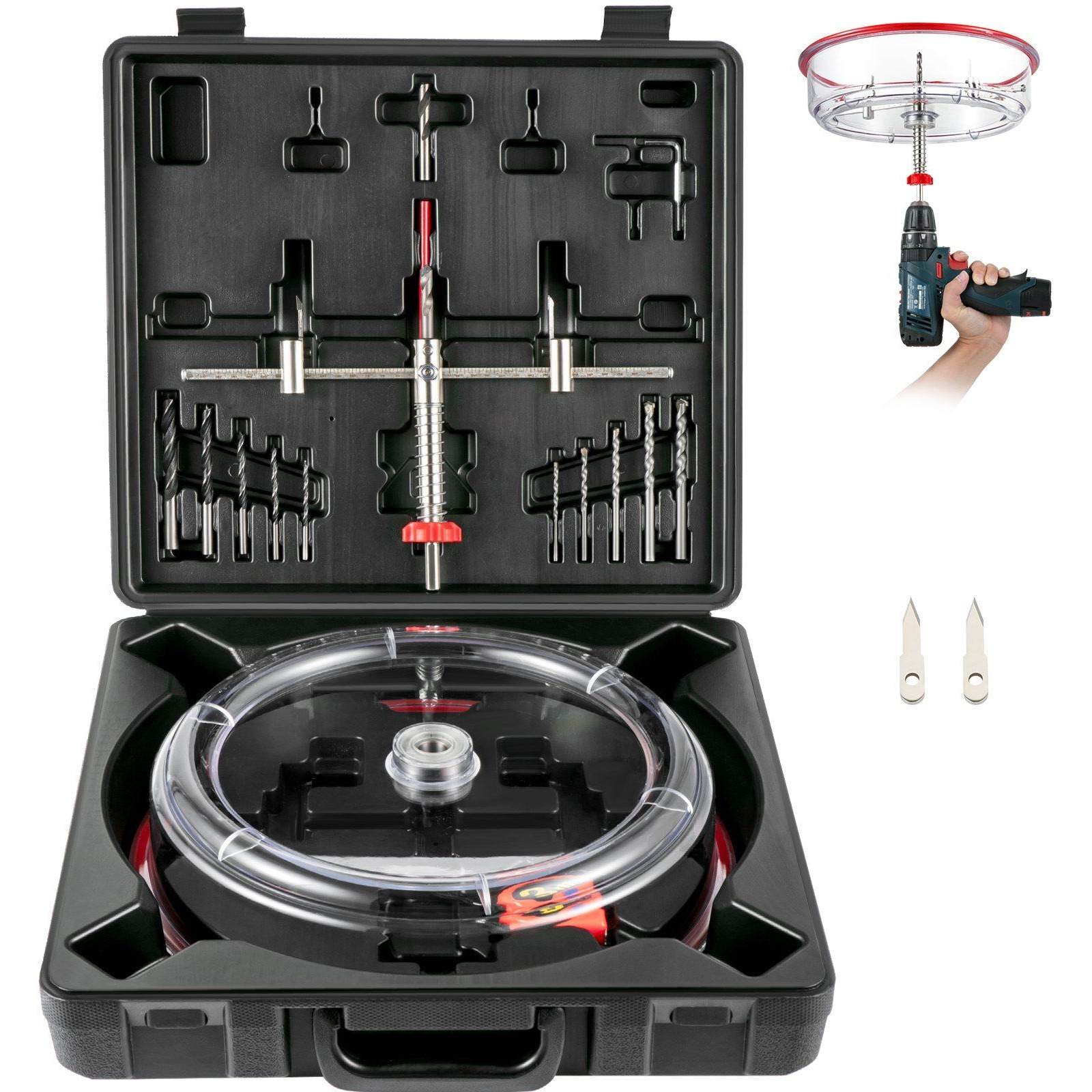 VEVOR Adjustable Hole Saw Cutter Kit, 1-5/8" to 11-13 /16" (40-300 mm), Recessed Hole Saw with PC Dust Shield, Two Replaceable Pilot Drill Bits, for Recessed Lights, Ceiling Speakers, Vent Holes