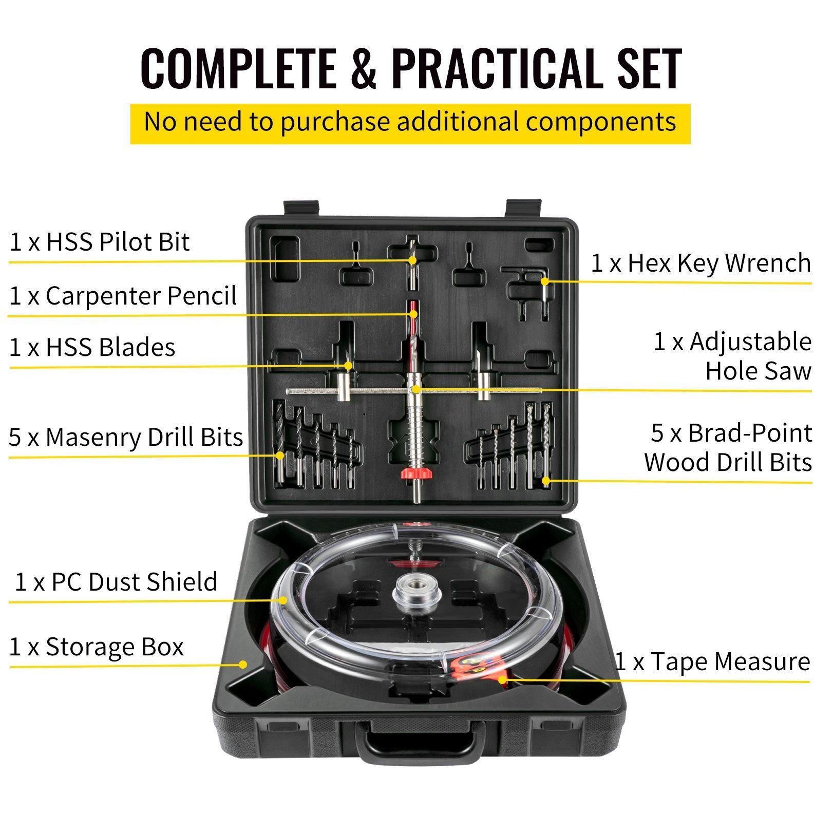 VEVOR Adjustable Hole Saw Cutter Kit, 1-5/8" to 11-13 /16" (40-300 mm), Recessed Hole Saw with PC Dust Shield, Two Replaceable Pilot Drill Bits, for Recessed Lights, Ceiling Speakers, Vent Holes