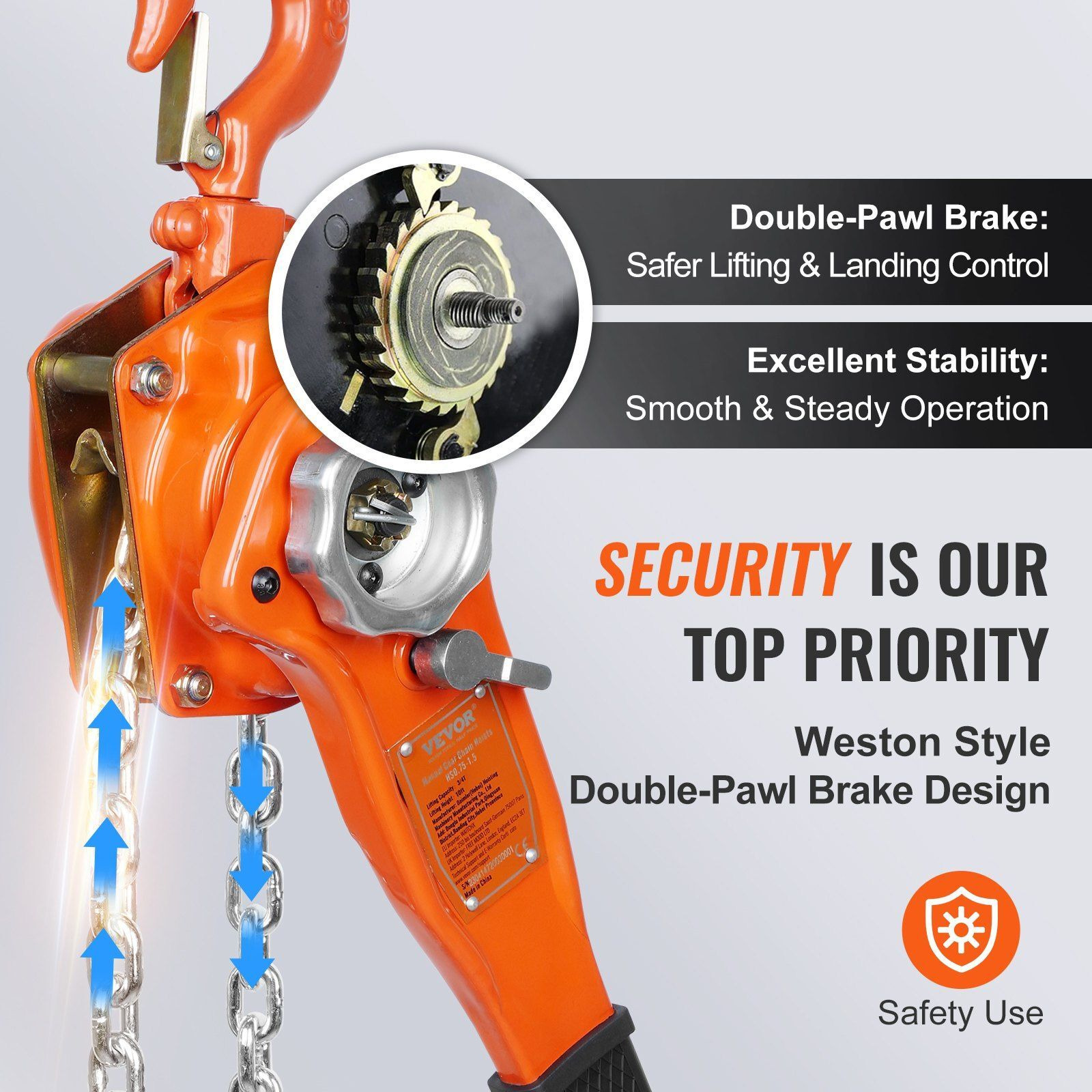 VEVOR Manual Lever Chain Hoist, 3/4 Ton 1650 lbs Capacity 10 FT Come Along, G80 Galvanized Carbon Steel with Weston Double-Pawl Brake, Auto Chain Leading & 360 Rotation Hook, for Garage Factory Dock