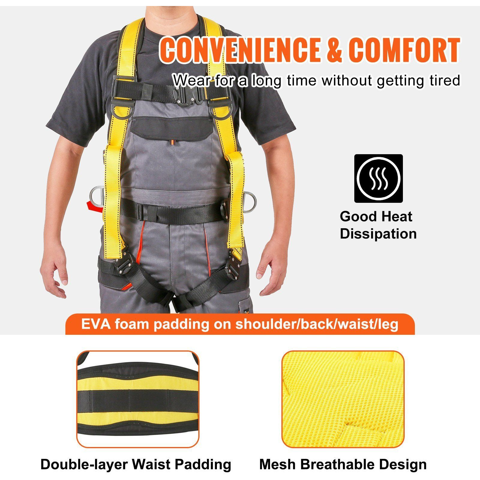 VEVOR Safety Harness, Full Body Harness, Safety Harness Fall Protection with Added Padding, and Side Rings and Dorsal D-Rings and a Lanyard, ANSI/ASSE Z359.11-2014, 160 lbs Max Weight, S