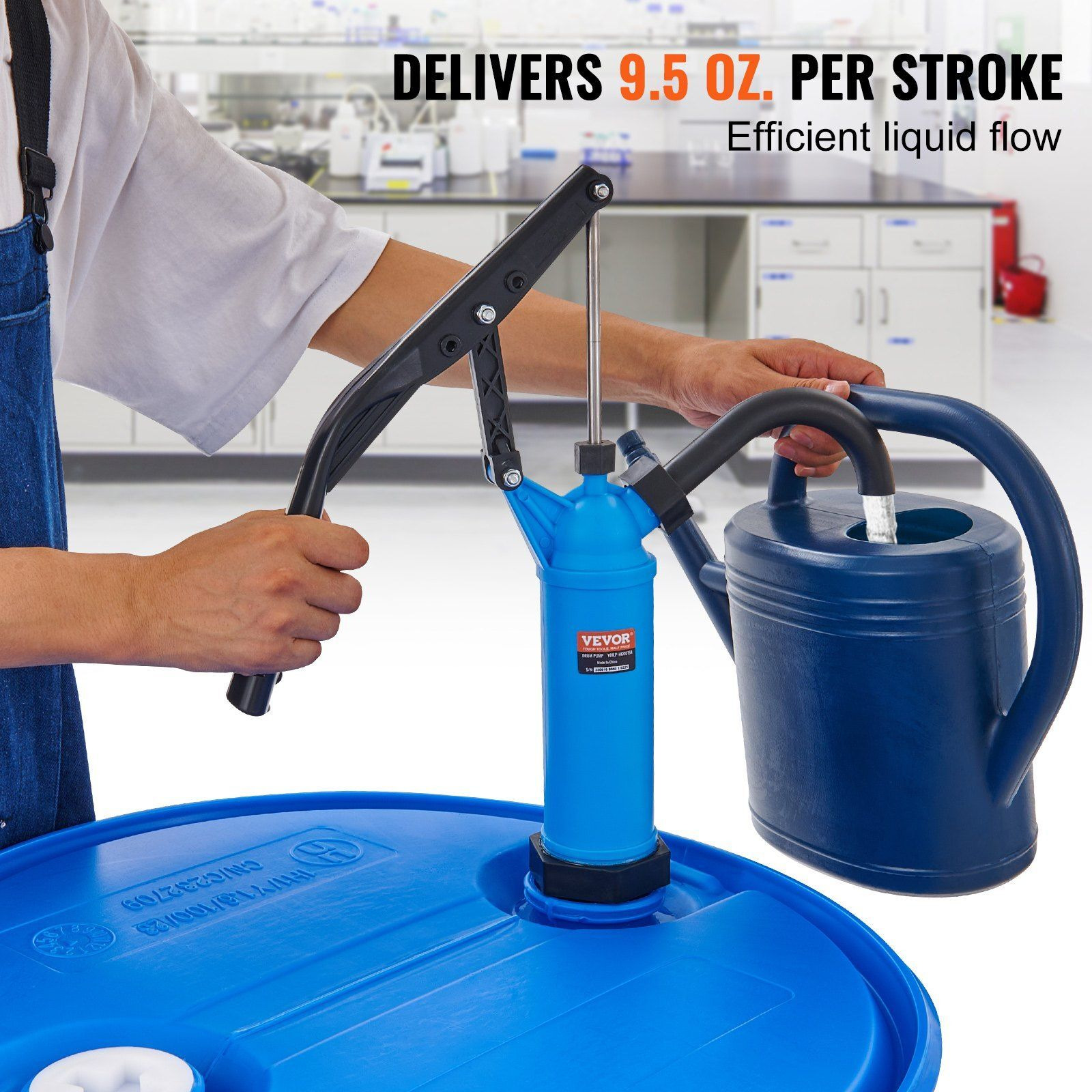 VEVOR Drum Pump, 9.5 oz. Per Stroke, Lever-Action Barrel Pump, Fits 5-55 Gallon Drums with 3-Section Suction Tube Assembly & Hose, Hand Operated, Designed to Transfer Water, Alcohol, Corrosive Liquids