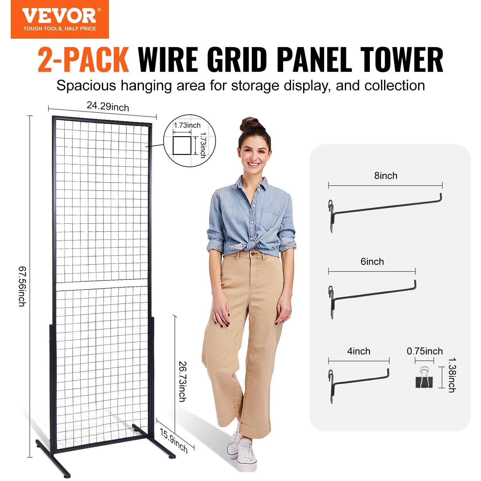VEVOR 2' x 5.6' Grid Wall Panels Tower, 2 Packs Wire Gridwall Display Racks with T-Base Floorstanding, Double Side Gridwall Panels for Art Craft Shows, Retail Display with Extra Clips and Hooks