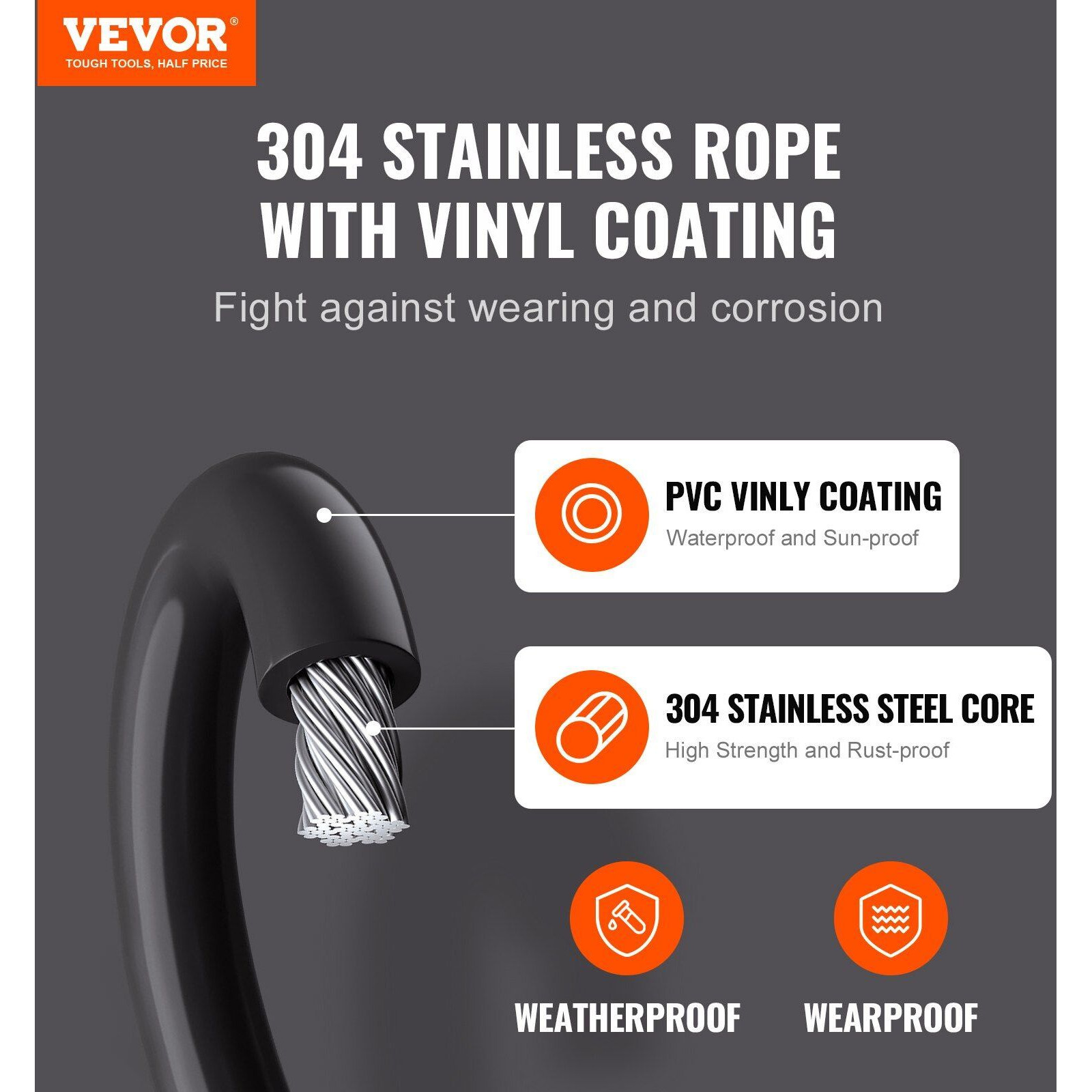 VEVOR Vinyl Coated Wire Rope Kit, 3/32 Cable Through 1/16 Diameter Stainless Steel, 7x7 Strands Construction with 189 Accessories for String Lights, Clothesline, Vine, 164 ft Black