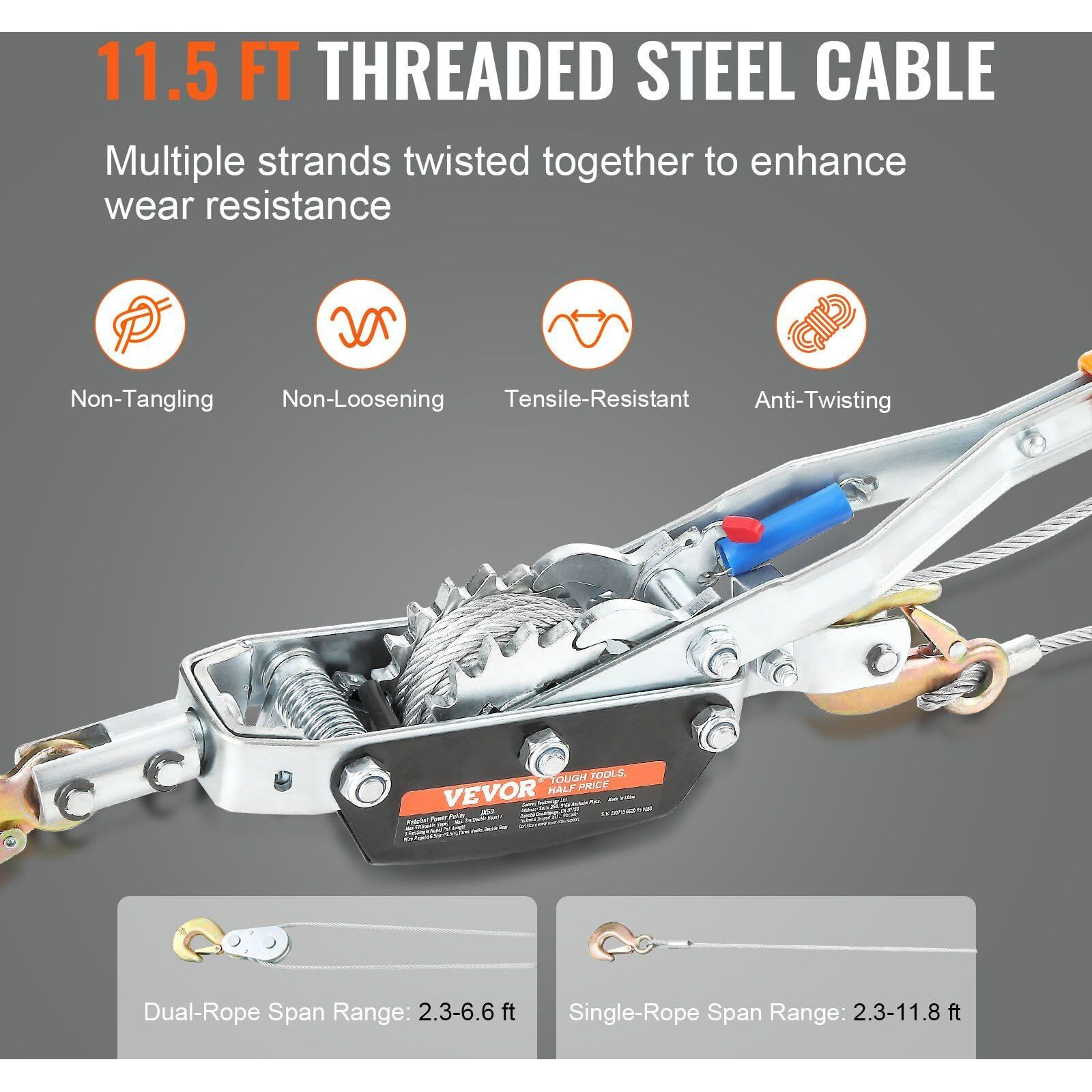 VEVOR Come Along Winch, 5 Ton (11,023 lbs) Pulling Capacity, 11.5 ft Steel Cable, 3 Hooks, Heavy Duty Ratchet Power Puller Tool with Dual Gears, Automotive Hoist Cable Puller Ideal for Vehicle Rescue