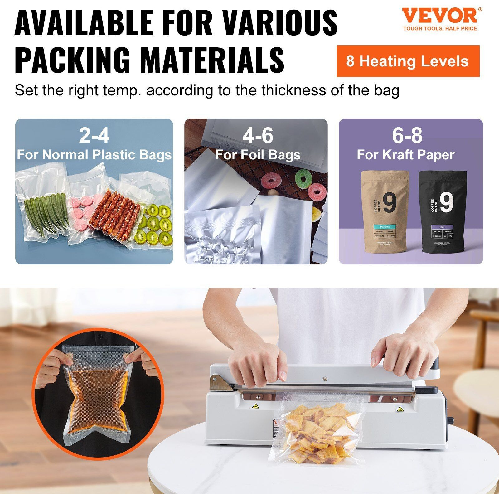 VEVOR Impulse Sealer 12 inch, Manual Heat Sealing Machine with Adjustable Heating Mode, Aluminum Shrink Wrap Bag Sealers for Plastic Mylar PE PP Bags, Portable Poly Bag Sealer with Extra Replace Kit