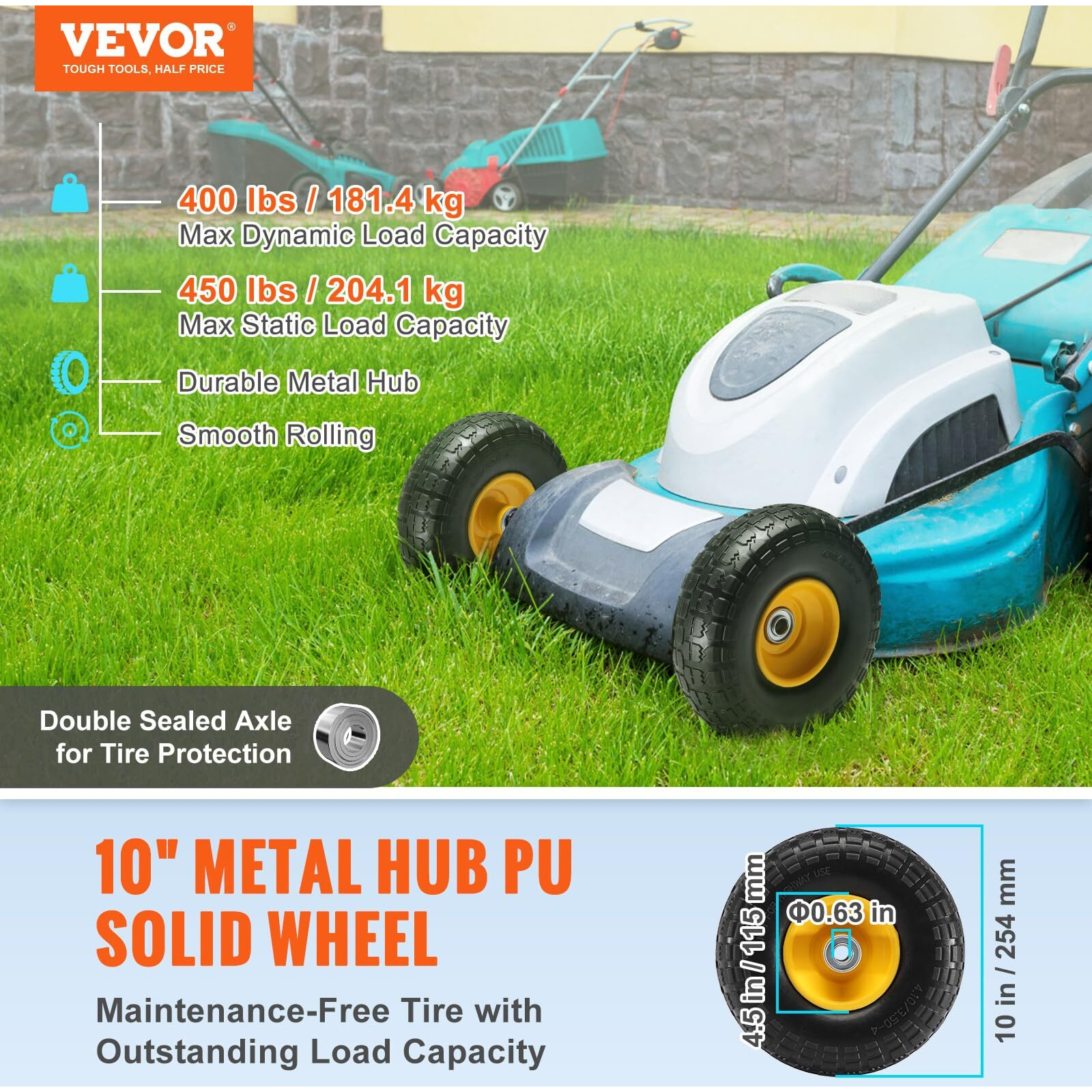 VEVOR Solid PU Run-Flat Tire Wheel, 10", 2-Pack, 400 lbs Dynamic Load, 450 lbs Static Load, Flat Free Tubeless Tires and Wheels for Hand Truck, Utility Cart, Dollies, Garden Trailers, Various Carts