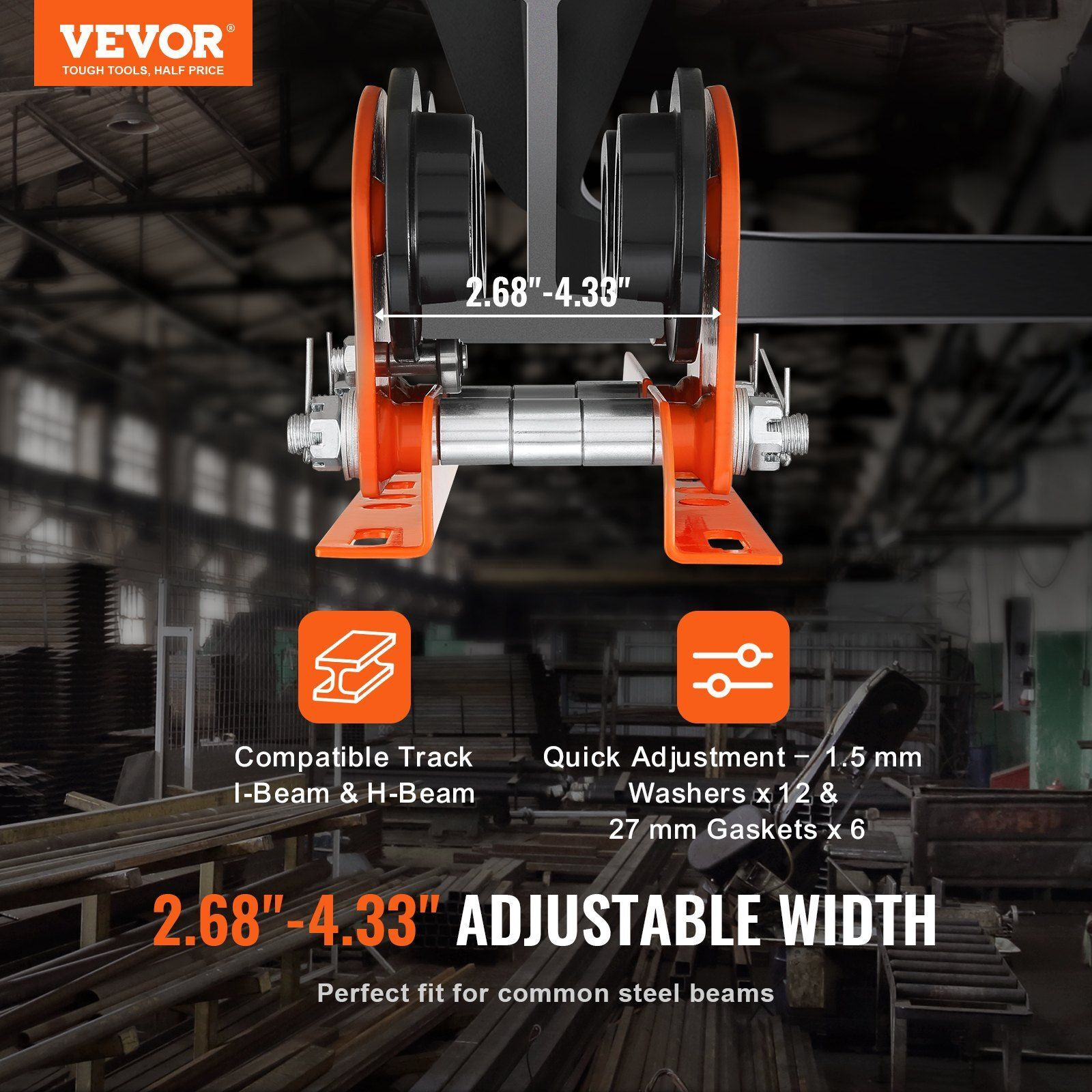 VEVOR Electric Hoist Manual Trolley, 2200 lbs/1 Ton Capacity for PA200 PA250 PA300 PA400 PA500, Push Beam Trolley with Dual Wheels, 2.68-4.33 Adjustable Beam Flange Width for Straight Curved I Beam