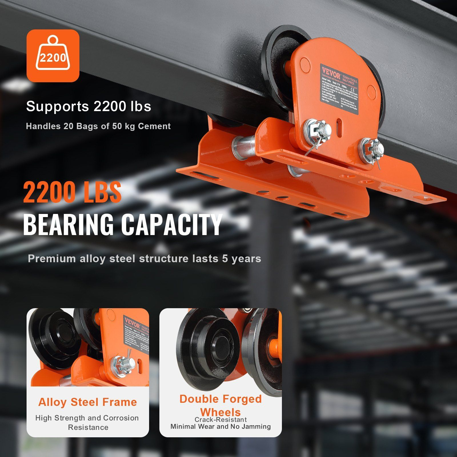 VEVOR Electric Hoist Manual Trolley, 2200 lbs/1 Ton Capacity for PA200 PA250 PA300 PA400 PA500, Push Beam Trolley with Dual Wheels, 2.68-4.33 Adjustable Beam Flange Width for Straight Curved I Beam