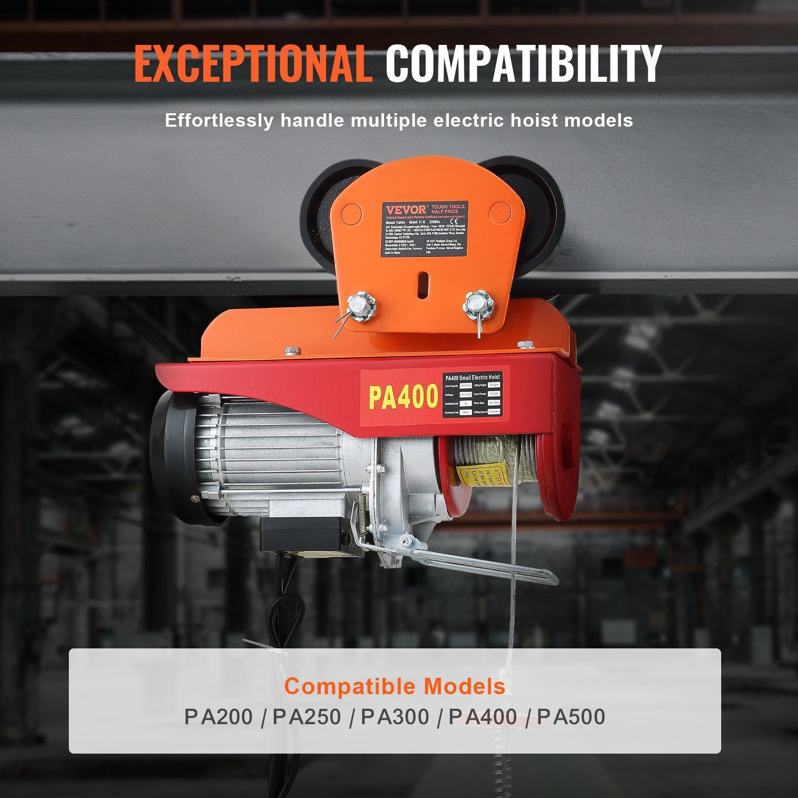 VEVOR Electric Hoist Manual Trolley, 1100 lbs/0.5 Ton Capacity for PA200 PA250 PA300 PA400 PA500, Push Beam Trolley with Dual Wheels, 2.36"-4.72" Adjustable Flange Width for Straight Curved I Beam