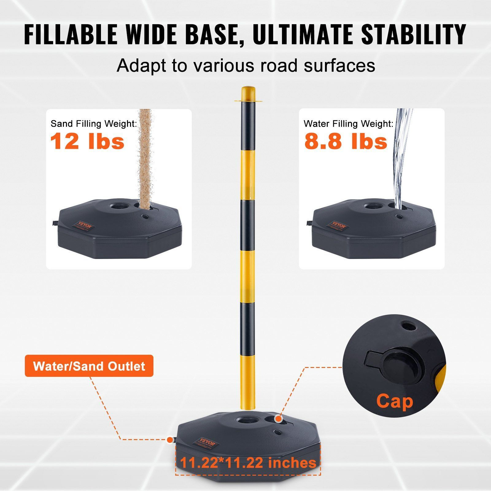 VEVOR Adjustable Traffic Delineator Post Cones, 2 Pack, Traffic Safety Delineator Barrier with Fillable Base 8FT Chain, for Traffic Control Warning Parking Lot Construction Caution Roads, Yellow&Black