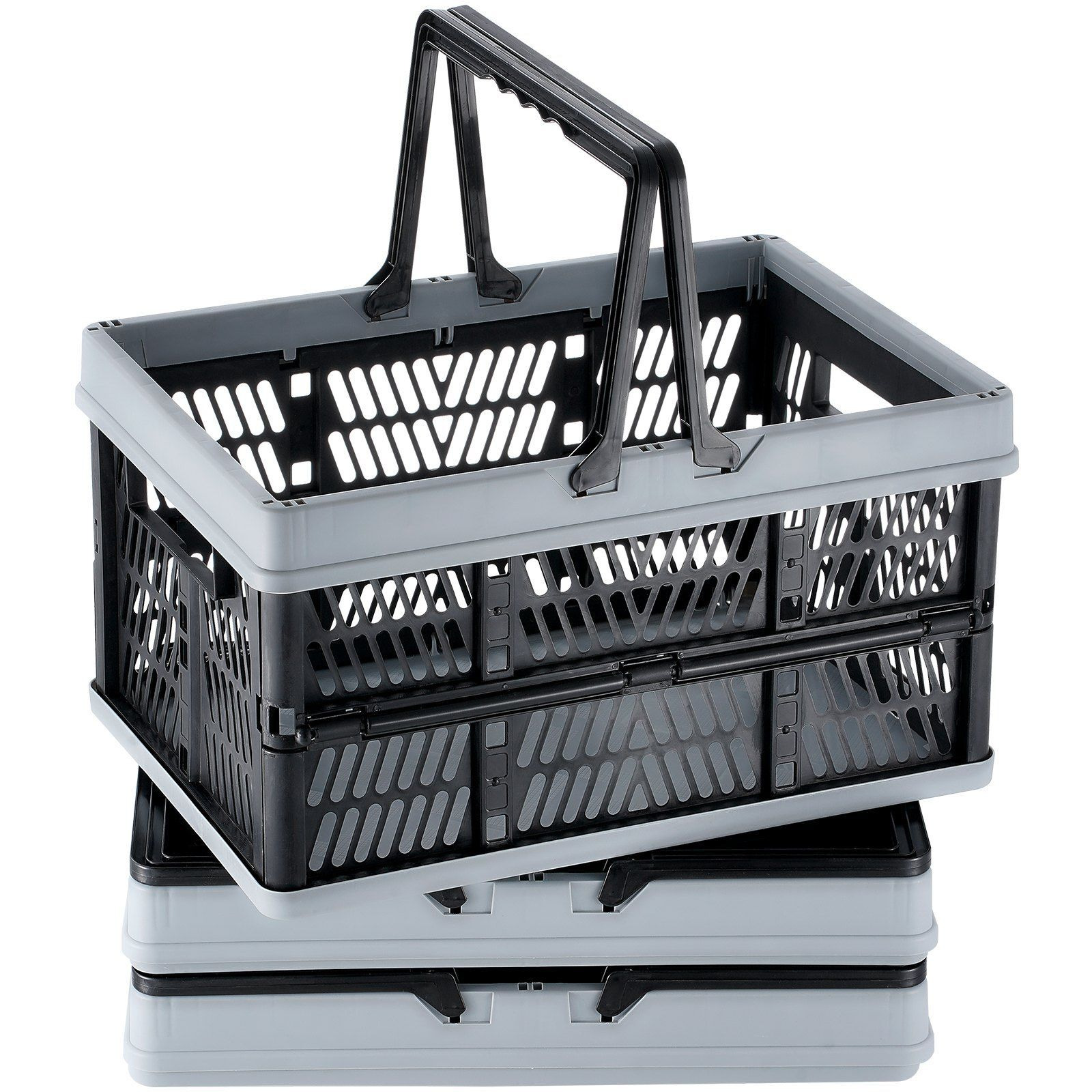 VEVOR Collapsible Shopping Basket, 3 Pack, 25L Plastic Foldable Storage Crate with Handle, Grocery Fruit Vegetable Shopping Basket Folding Storage Container for Supermarket Retail Shopping, Black