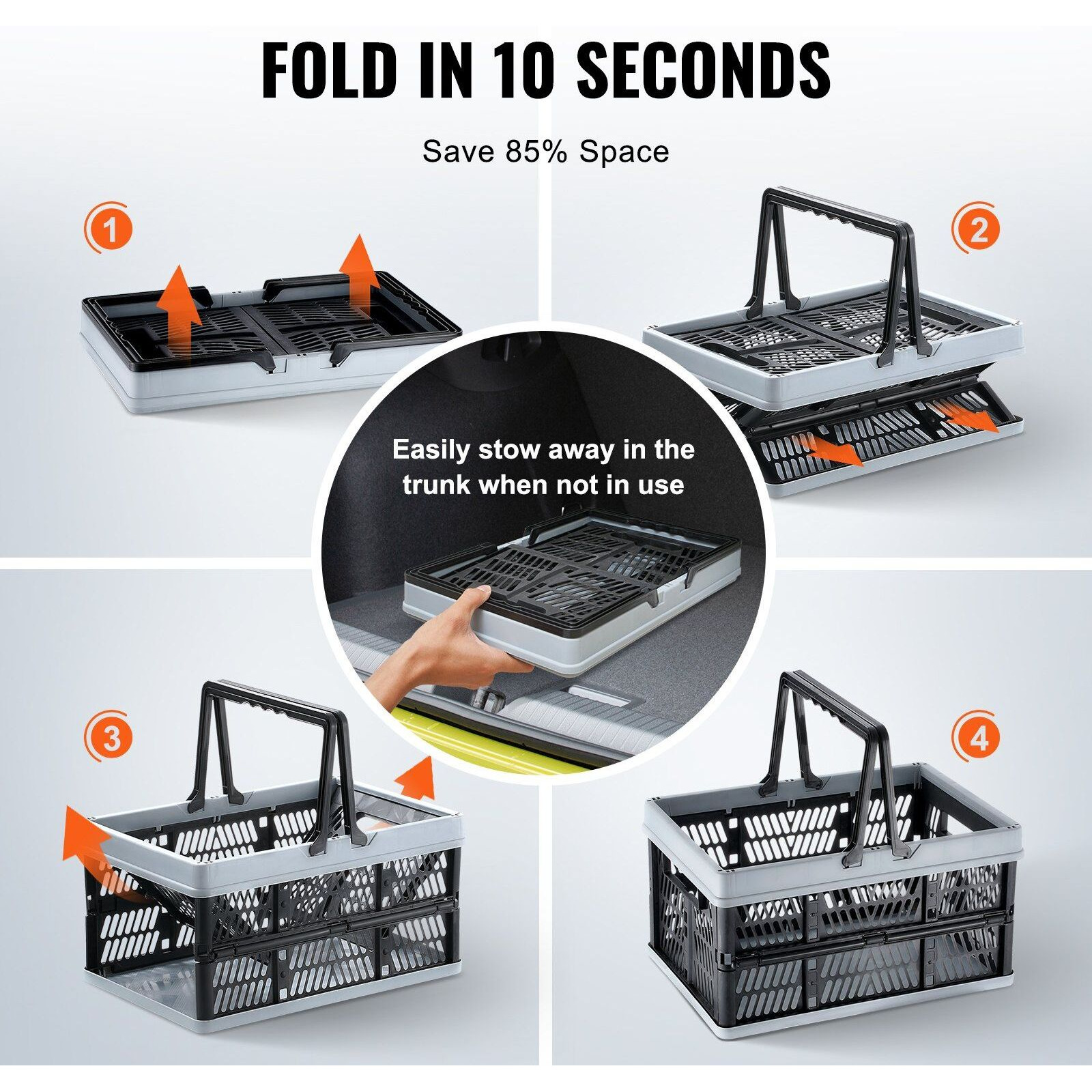 VEVOR Collapsible Shopping Basket, 3 Pack, 25L Plastic Foldable Storage Crate with Handle, Grocery Fruit Vegetable Shopping Basket Folding Storage Container for Supermarket Retail Shopping, Black