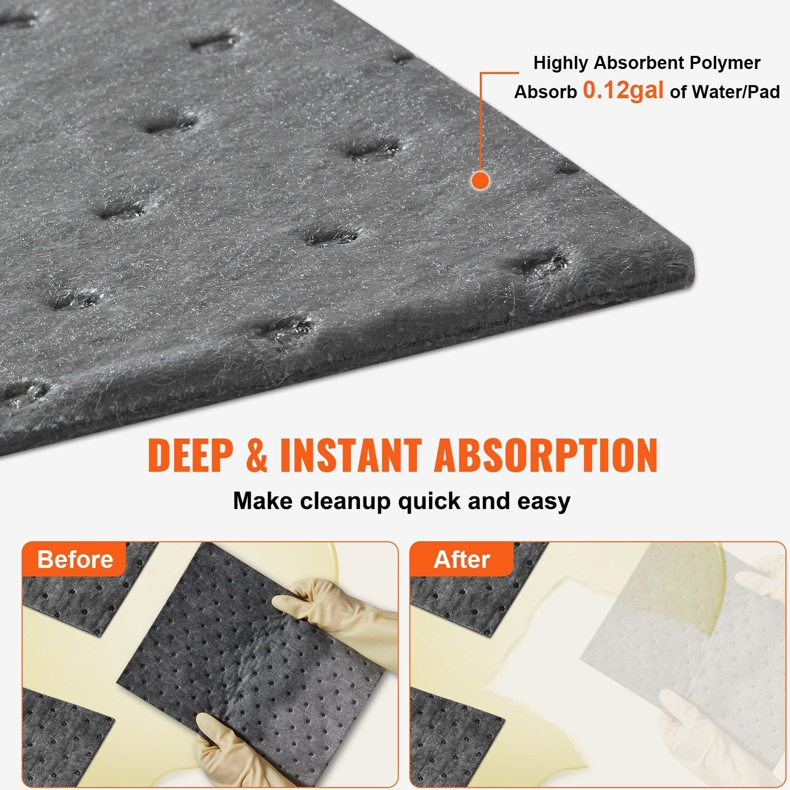 VEVOR Spill Absorbent Pads, Universal Absorbing Mat Absorbs up 12 Gal, 13" L x10" W Polypropylene Absorbent Pad for Oil, Water and Other Liquids, Pack of 100