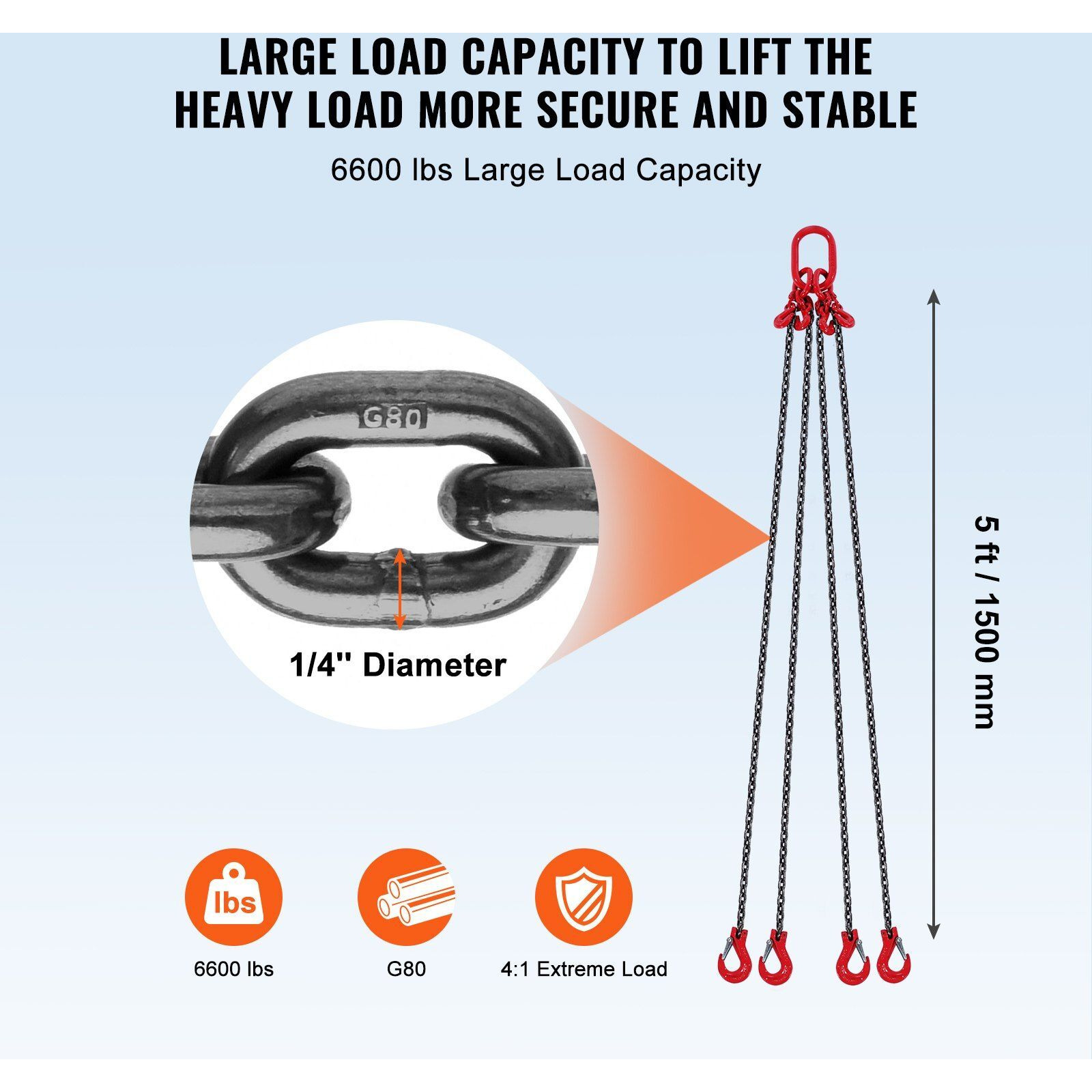 VEVOR 1/4" x 5' Chain Sling 4 Legs G80 Lifting Chain with Grab Hooks 6600 lbs