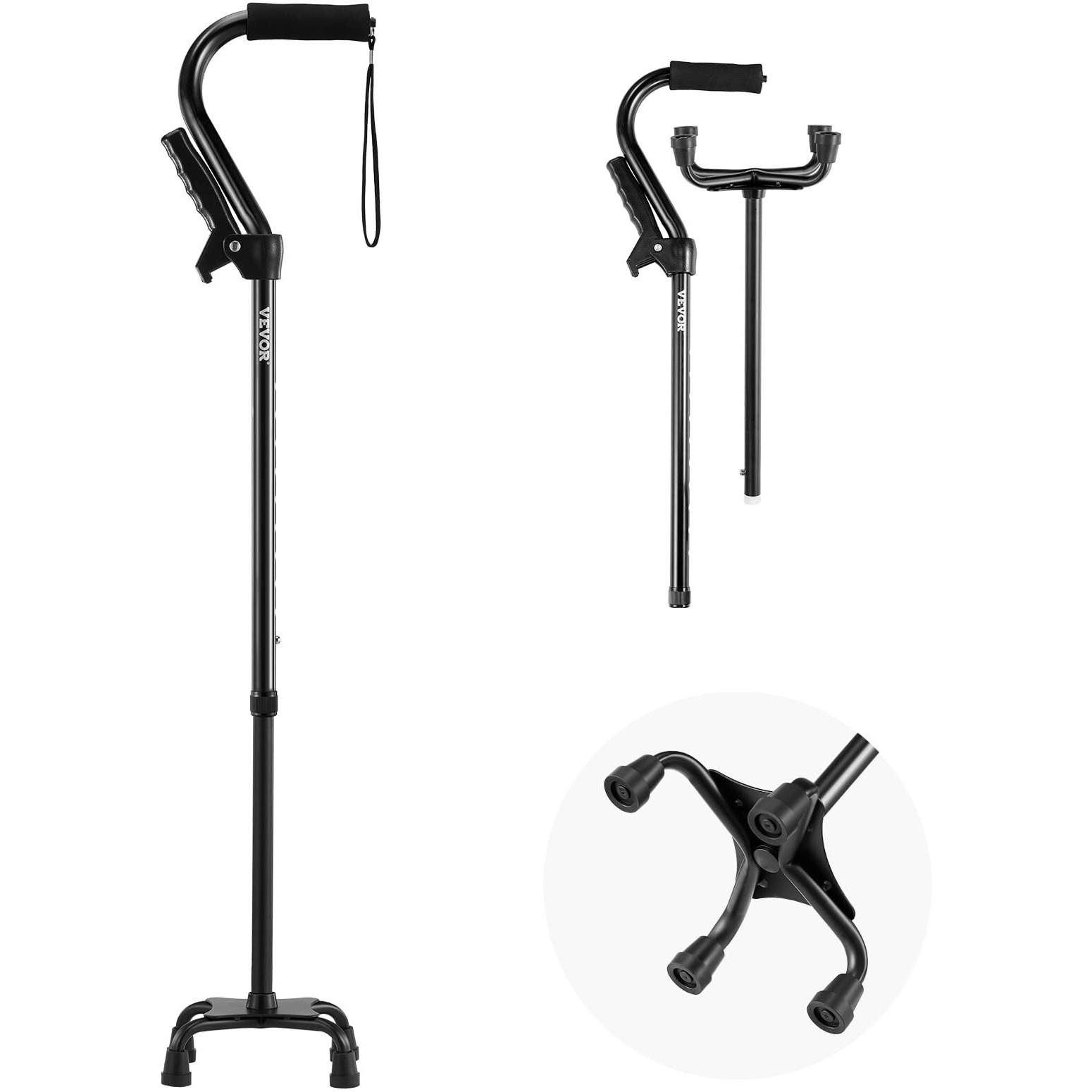 Quad Walking Cane 10-Level Height Adjustable Walking Stick 4-Pronged Stable Base