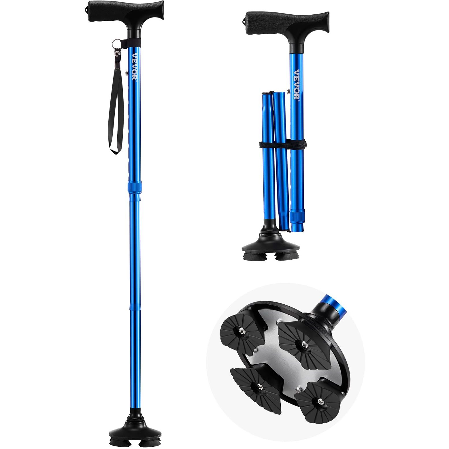Walking Cane Folding Walking Stick with 8-Level Height & 4-Pronged Pivoting Base