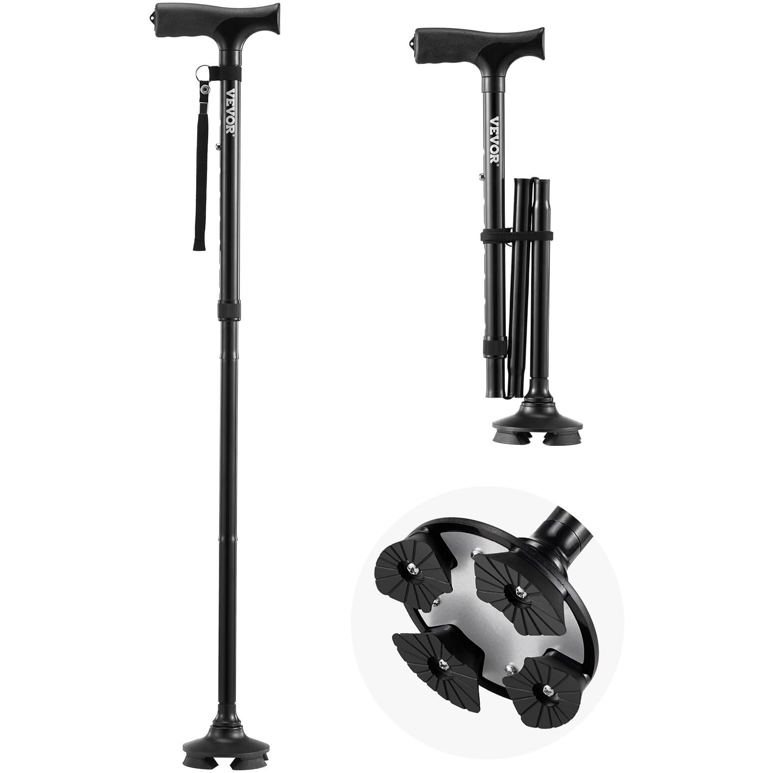 Walking Cane Folding Walking Stick with 8-Level Height & 4-Pronged Pivoting Base