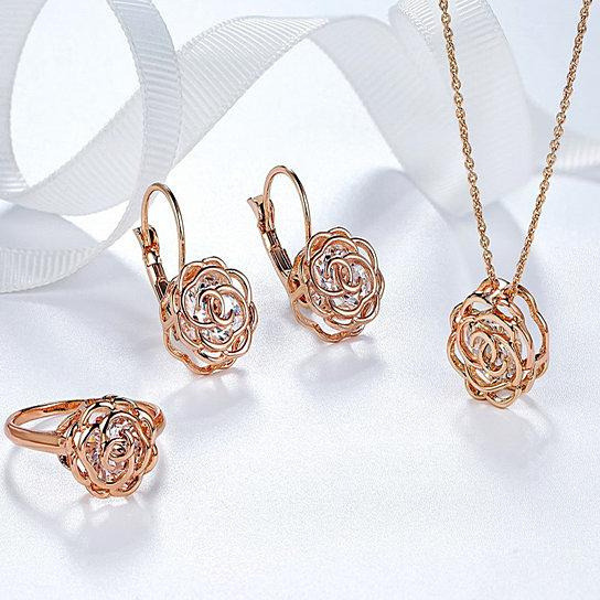 Rose Is A Rose Set Of Ring,Earrings and Pendant With Chain In 18kt Rose Crystals In White Yellow And Rose Gold Plating(D0102HEYXFW.)