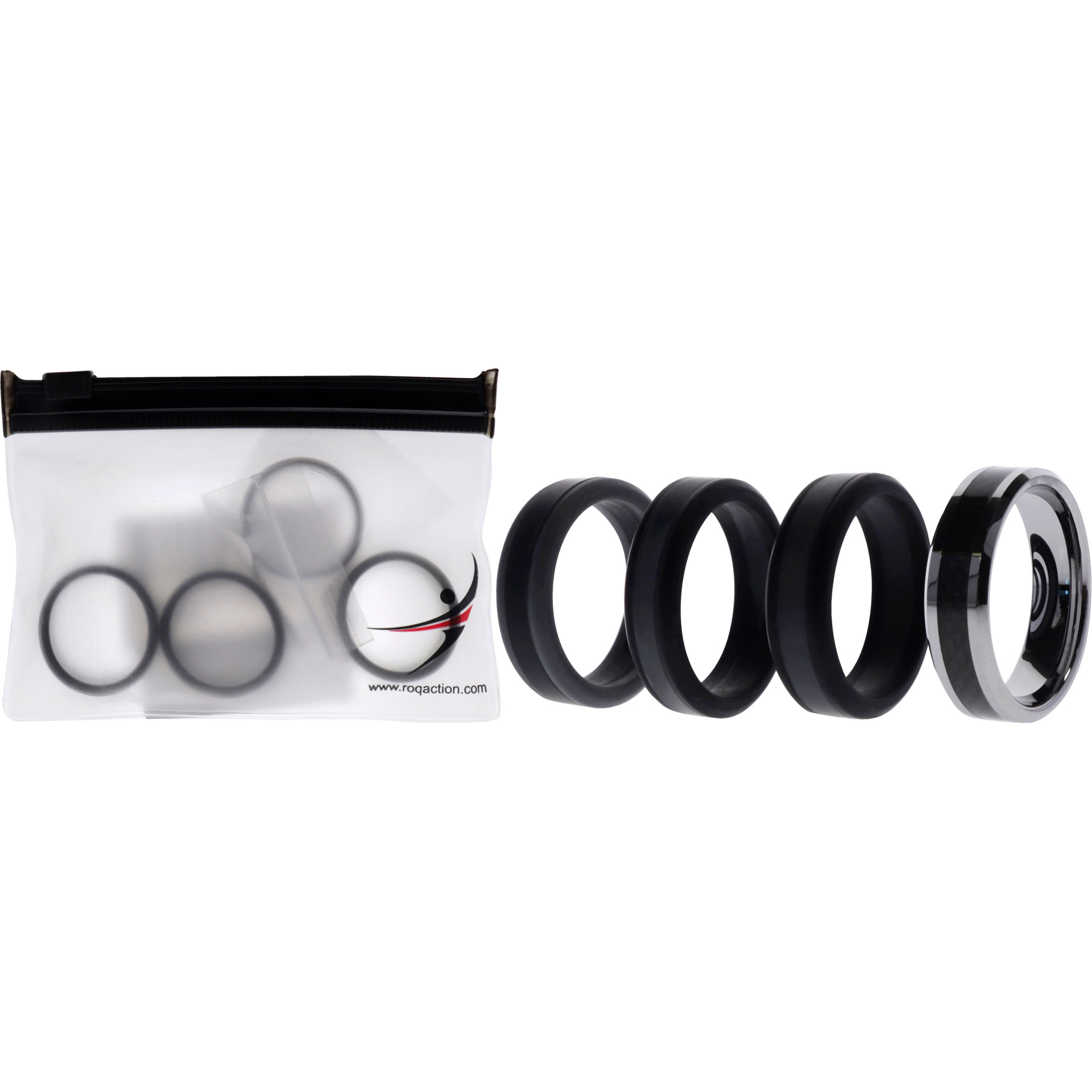 Silicone Wedding Twin Carbon Ring Set - Black-Grey by ROQ for Men - 4 x 12 mm Ring