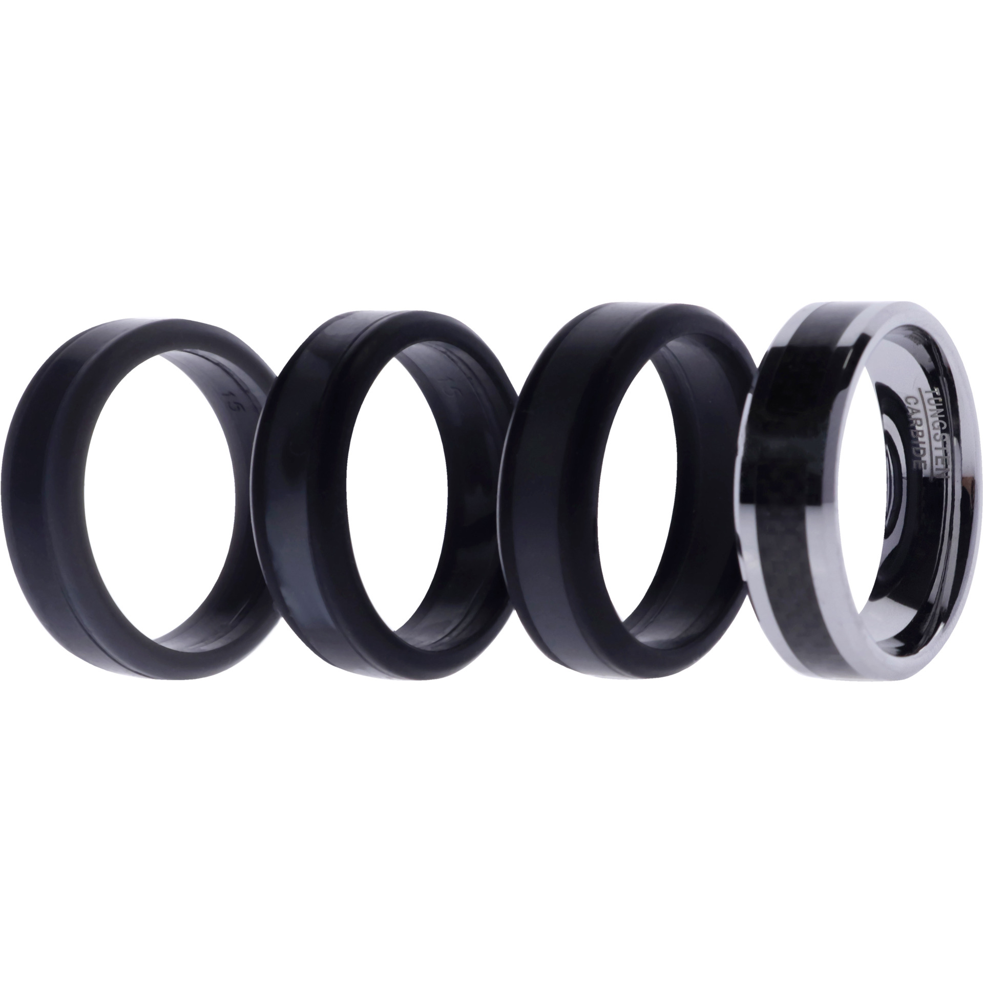 Silicone Wedding Twin Carbon Ring Set - Black-Grey by ROQ for Men - 4 x 15 mm Ring