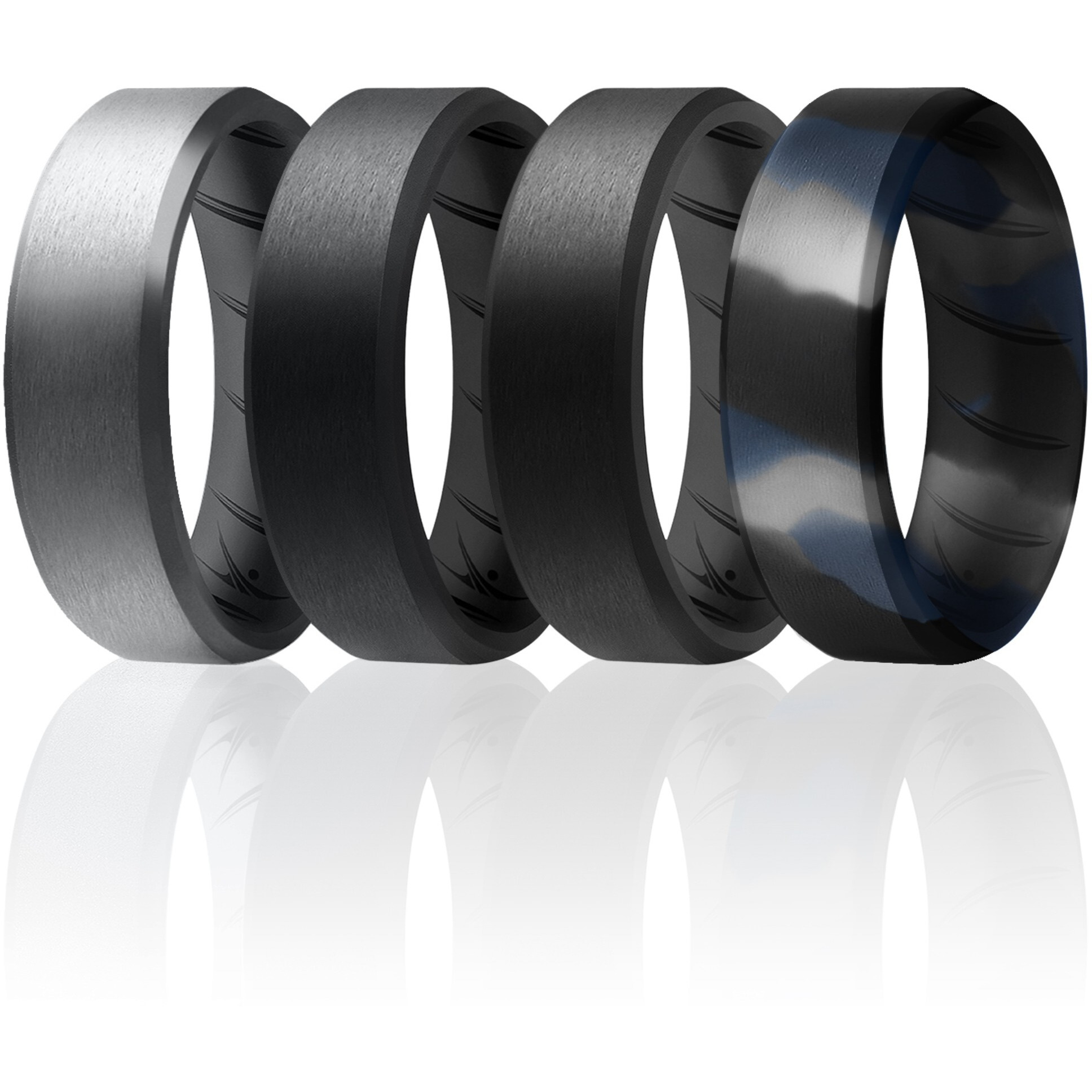 Silicone Wedding BR 8mm Edge Ring Set - Black-Blue-Camo by ROQ for Men - 4 x 14 mm Ring
