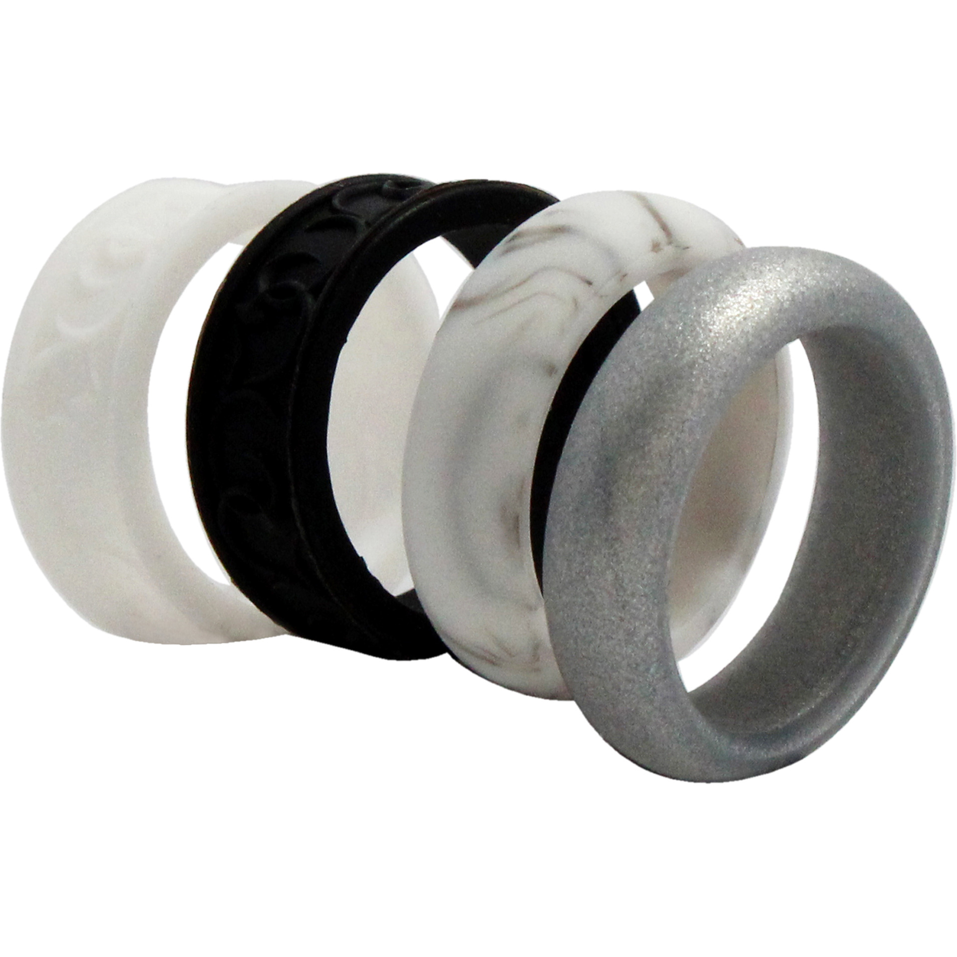 Silicone Wedding Flower Ring Set - Black-White by ROQ for Women - 4 x 5 mm Ring