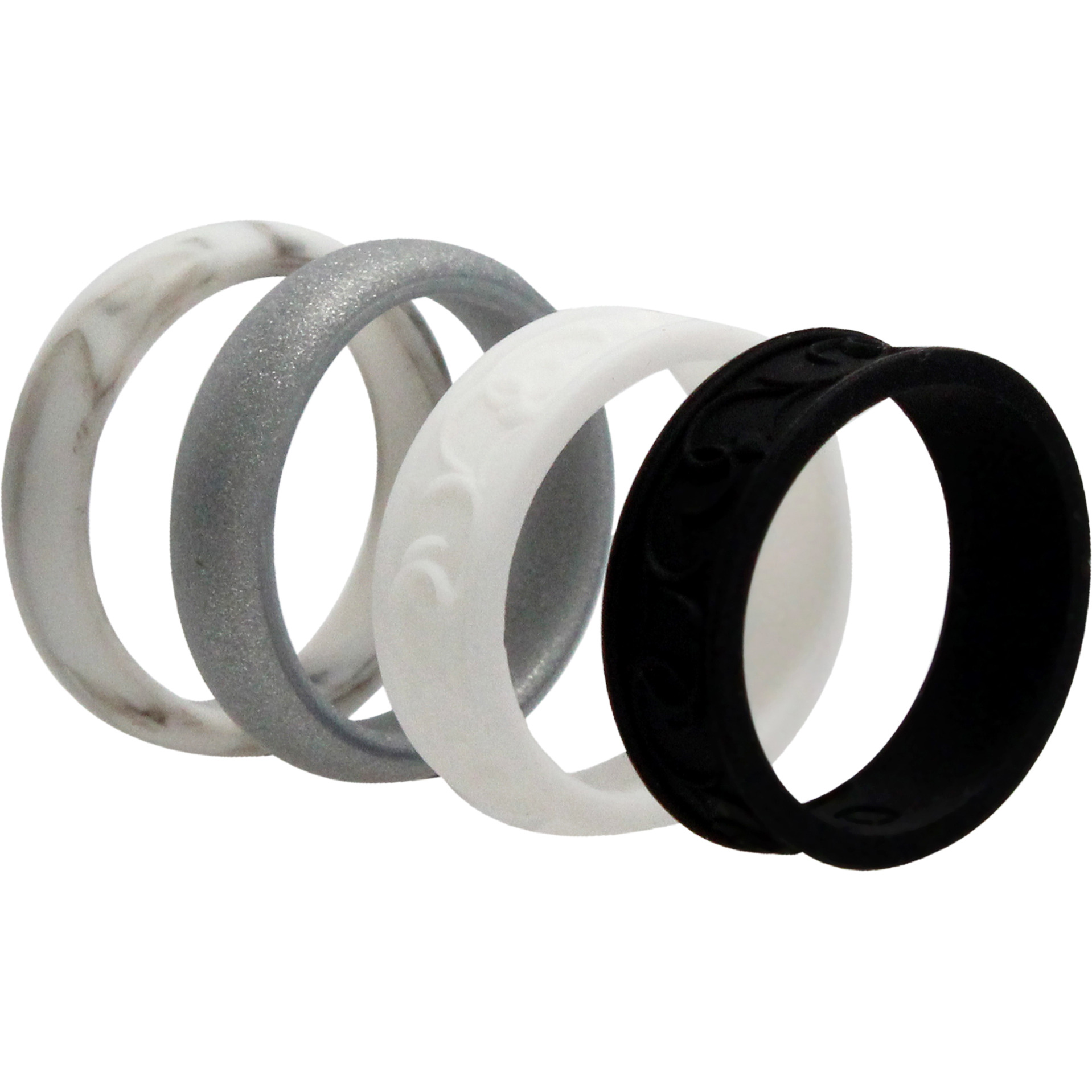 Silicone Wedding Flower Ring Set - Black-White by ROQ for Women - 4 x 10 mm Ring