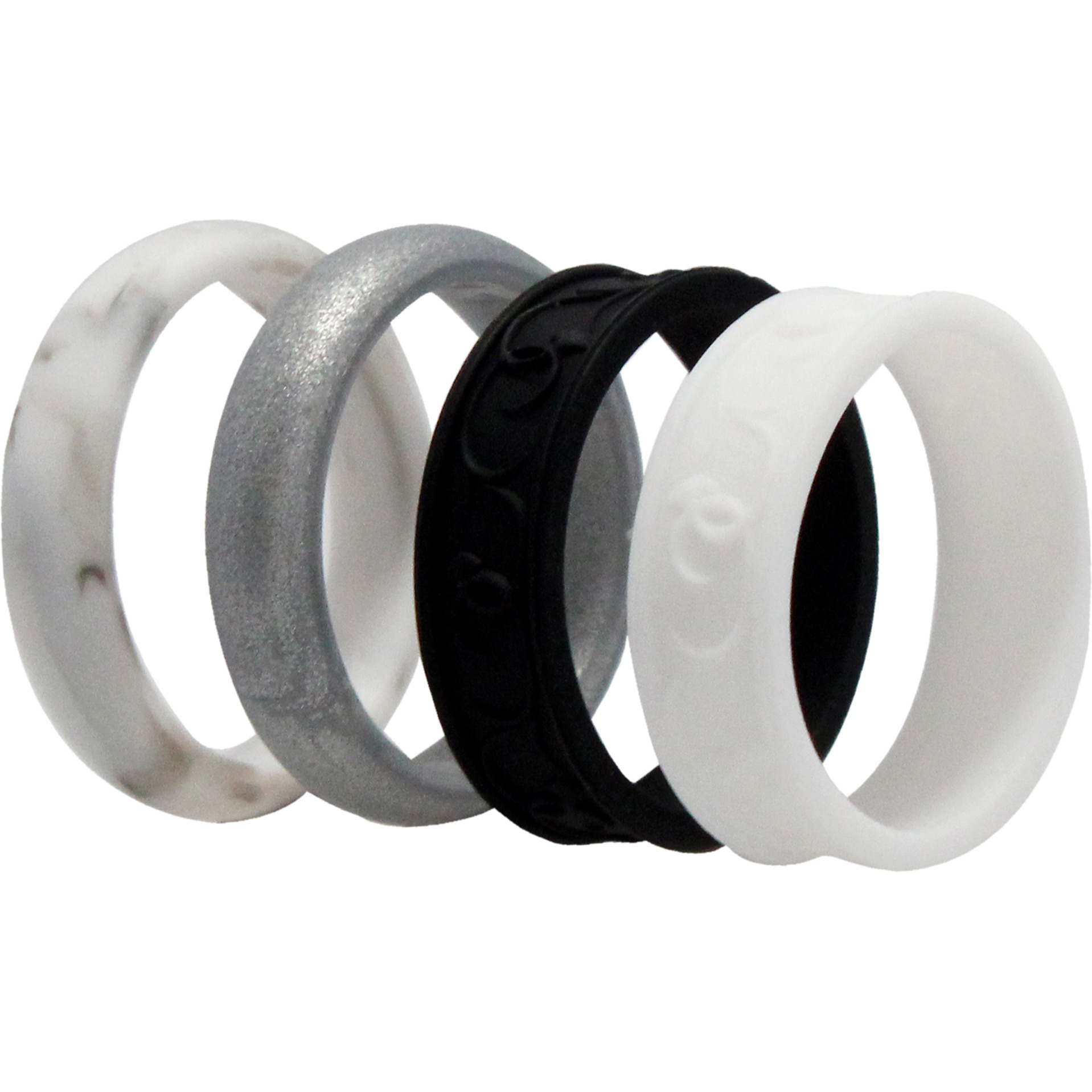 Silicone Wedding Flower Ring Set - Black-White by ROQ for Women - 4 x 11 mm Ring