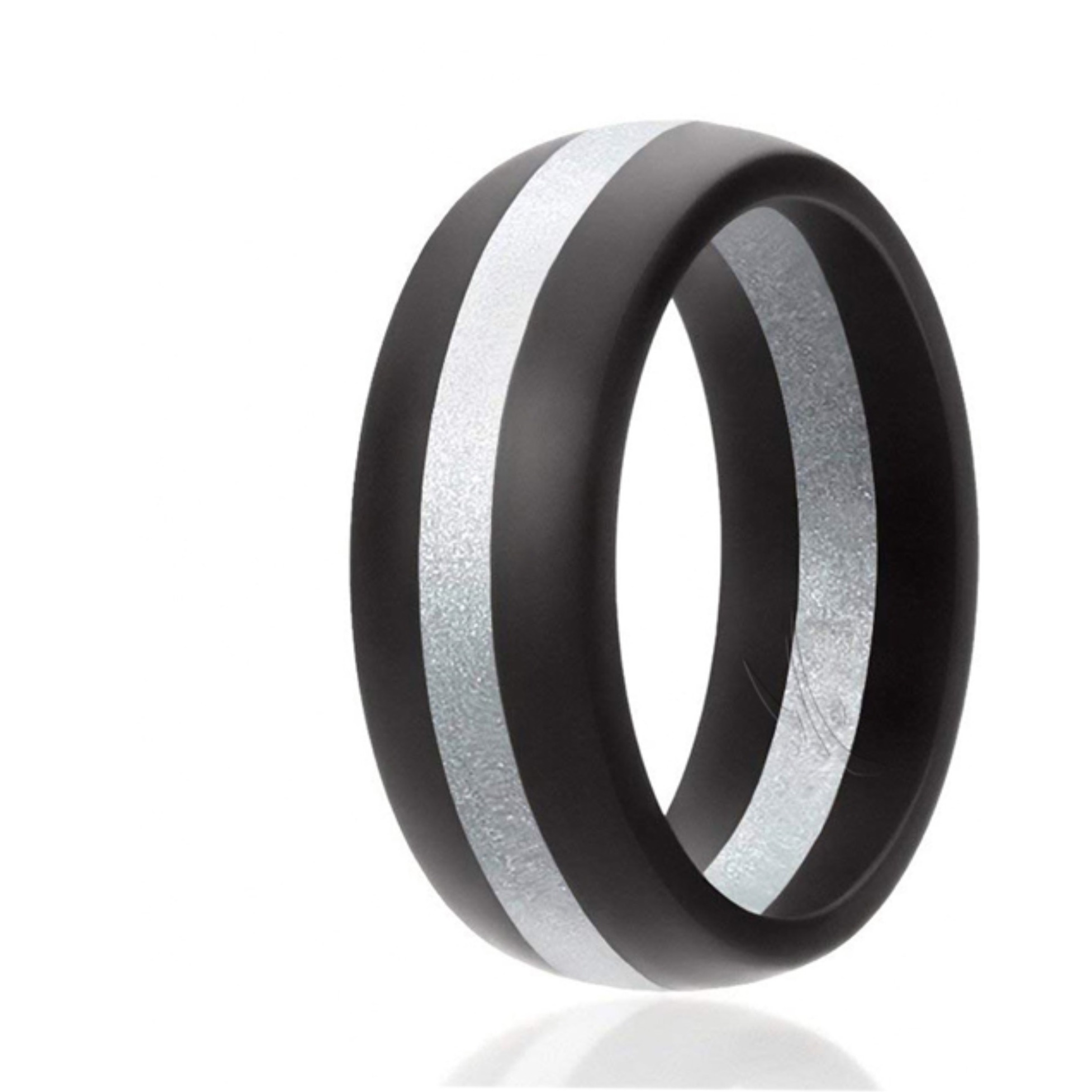 Silicone Wedding Ring - Dome Style with Middle Line - Black-Silver by ROQ for Men - 14 mm Ring