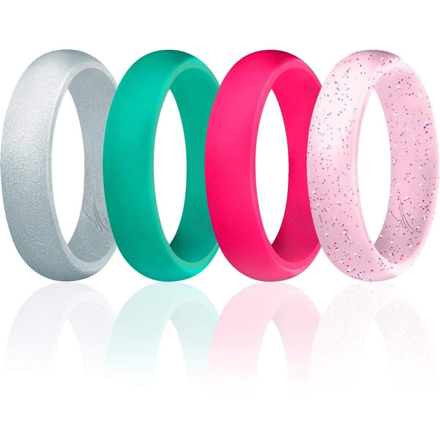 Silicone Wedding Ring - Dome Style Set by ROQ for Women - 4 x 4 mm Pink, Turquoise, White with Pink Glitter, Silver