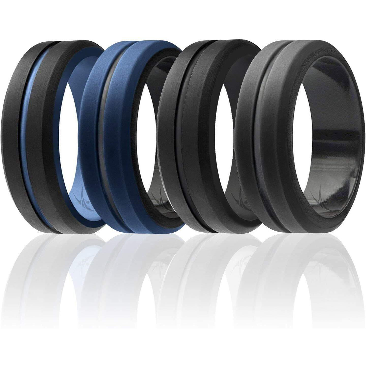 Silicone Wedding Ring - Duo Collection 2 Thin Lines - Black-Grey by ROQ for Men - 12 mm Ring