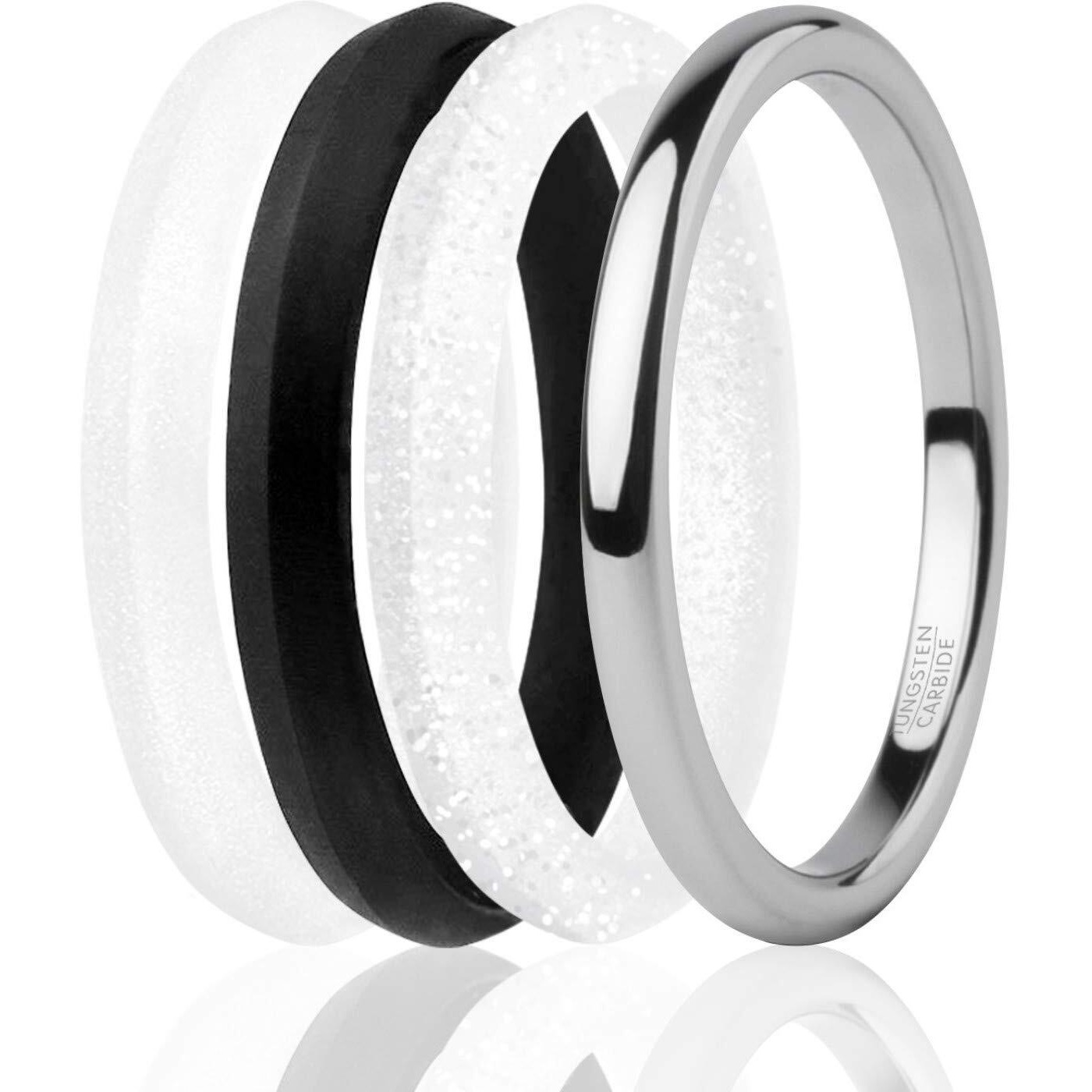 Silicone Wedding Twin 2mm Ring Set - Black-White by ROQ for Women - 4 x 4 mm Ring
