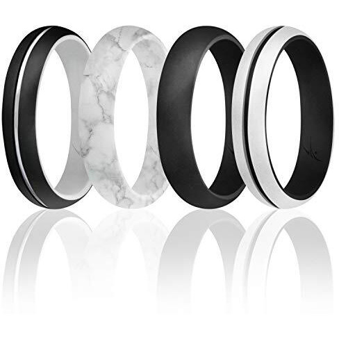 Silicone Wedding Stackble Lines Ring Set -Black-White by ROQ for Women - 4 x 7 mm Ring