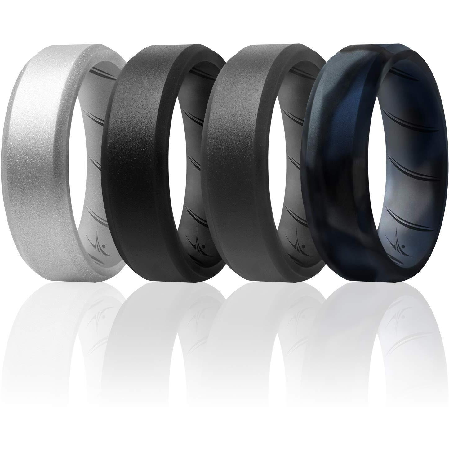 Silicone Wedding BR 8mm Edge Ring Set - Basic-Black-BlueC by ROQ for Men - 4 x 16 mm Ring