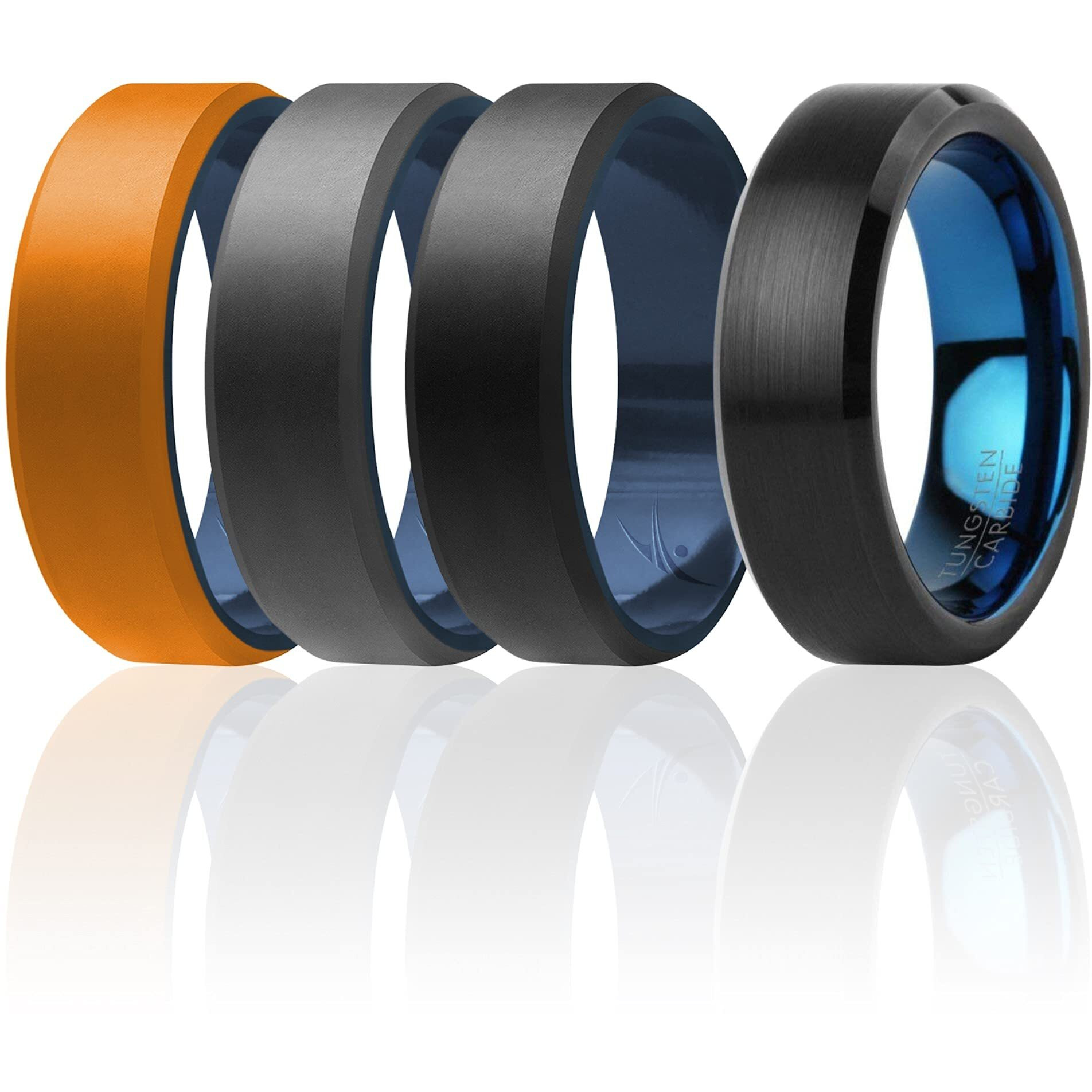 Silicone Wedding Twin Beveled 8mm Ring Set - Black by ROQ for Men - 4 x 13 mm Ring