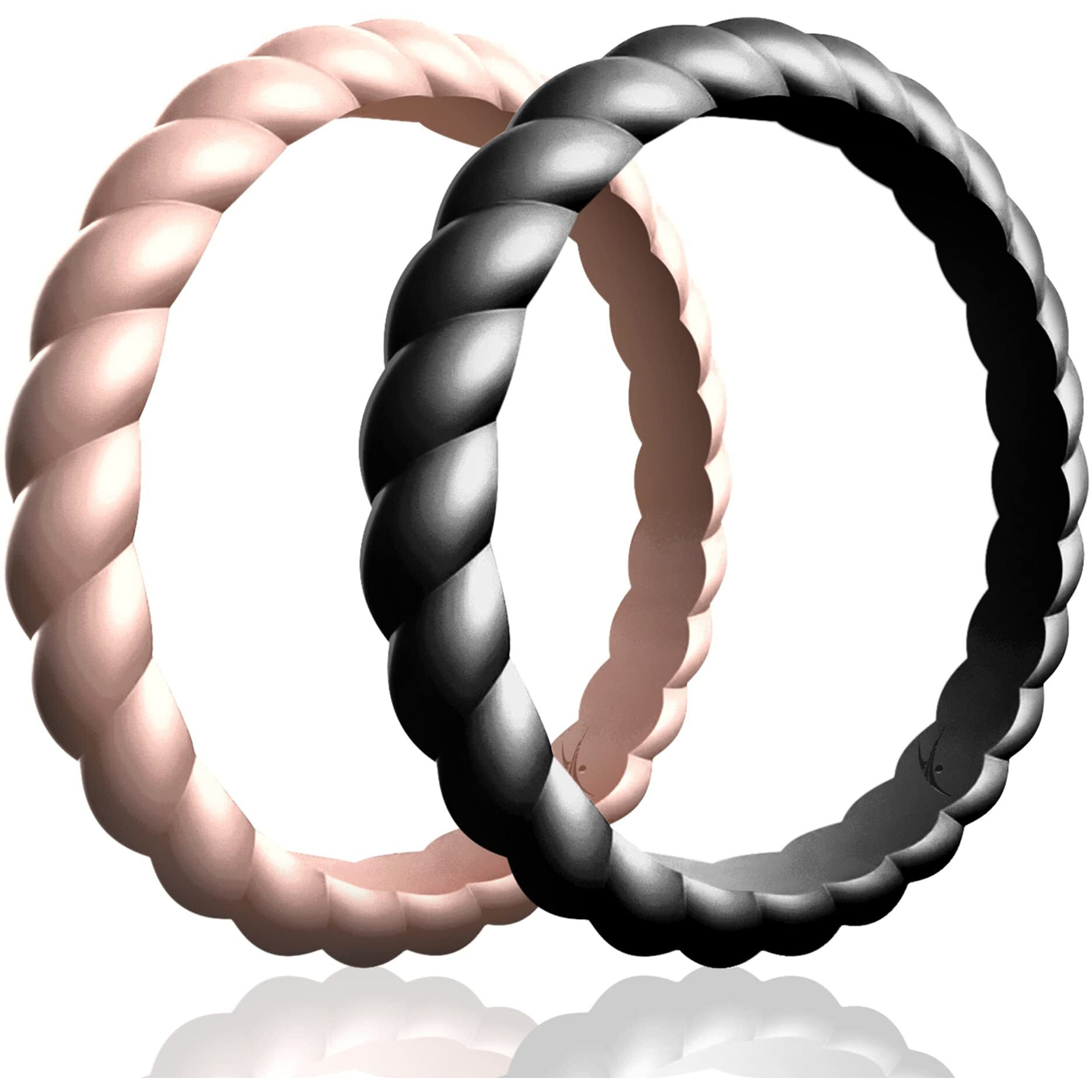 Silicone Wedding Stackble Braided Ring Set - Rose-Black by ROQ for Women - 2 x 6 mm Ring