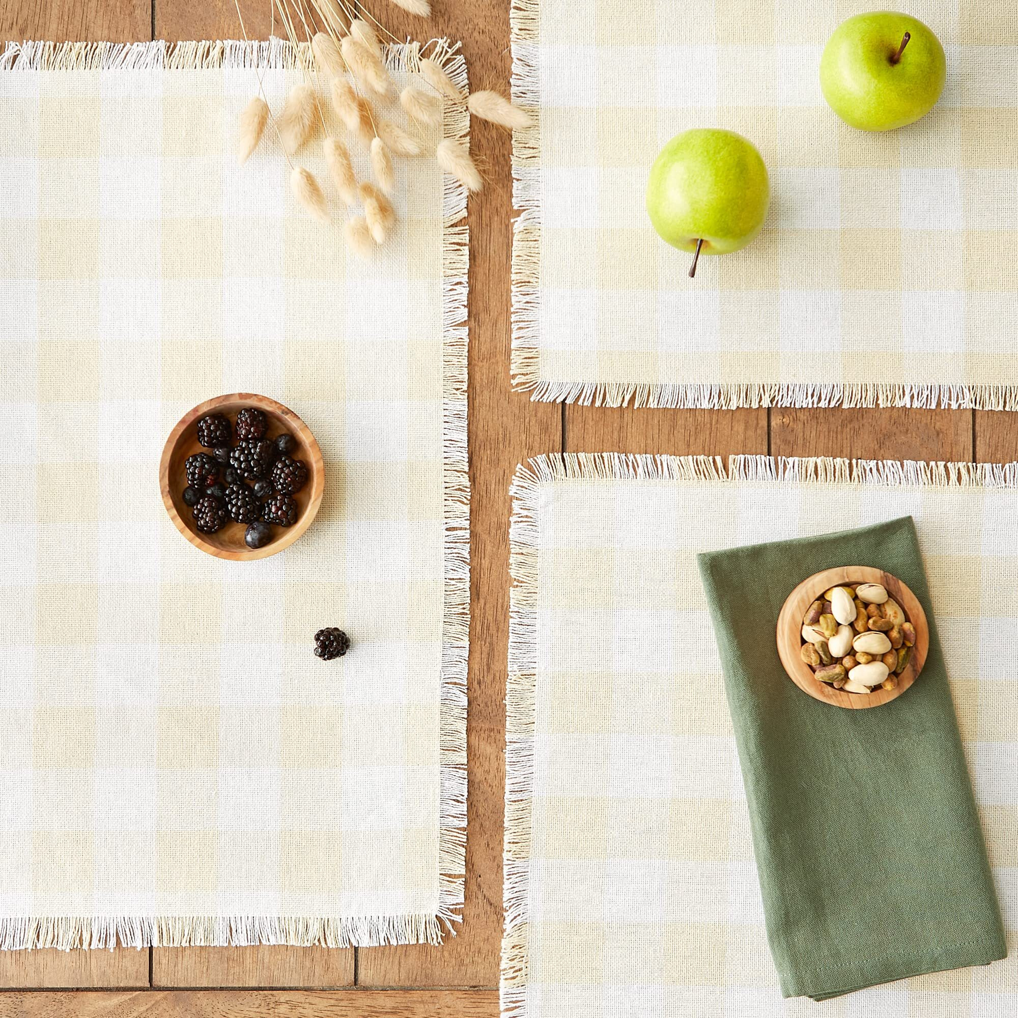 NATURAL HEAVYWEIGHT CHECK FRINGED PLACEMAT SET/6