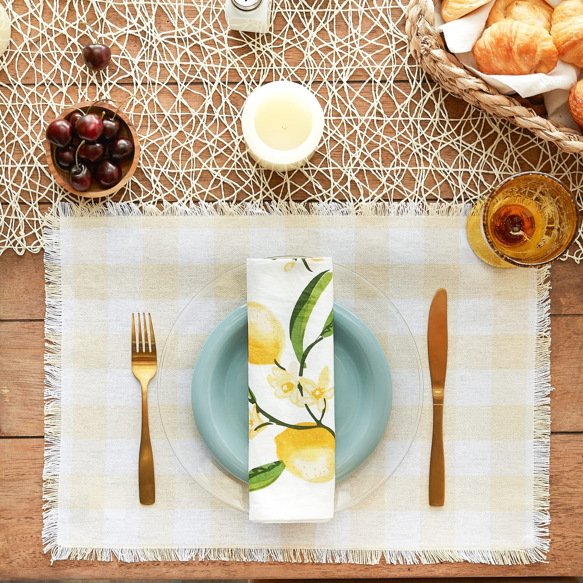NATURAL HEAVYWEIGHT CHECK FRINGED PLACEMAT SET/6